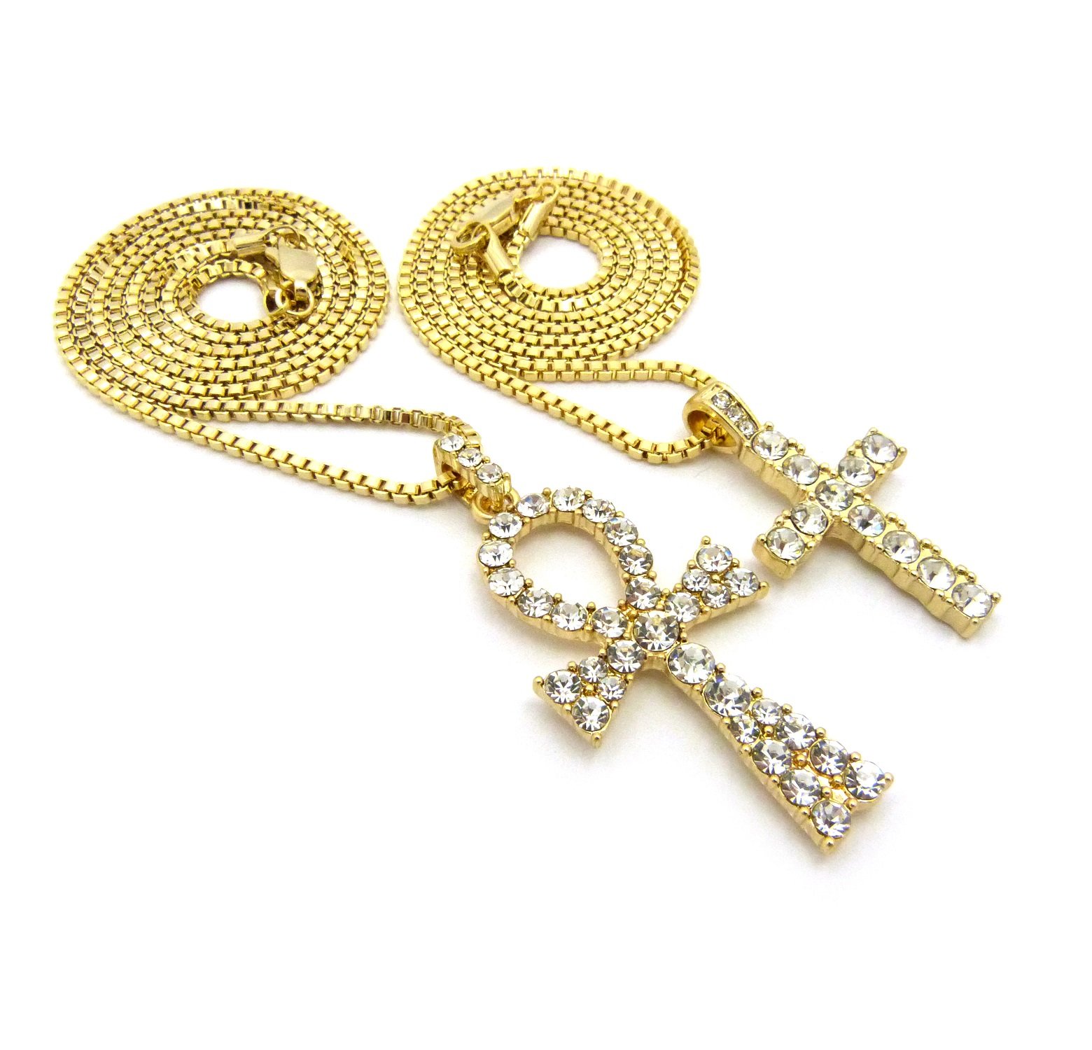 Iced Out Micro Ankh & Cross Pendant Necklace Set - 20