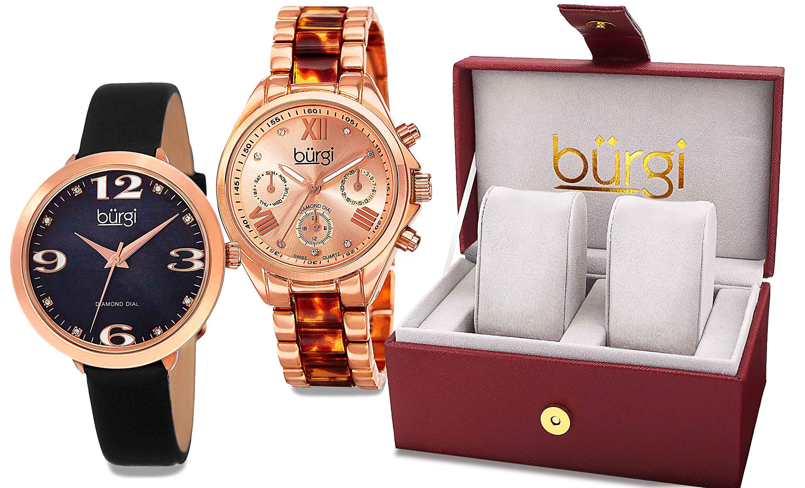BURGI 2-Piece Women's Watch Set - Mother of Pearl Dial with Diamond Markers Leather Strap & Multifunction Diamond Stainless Steel Bracelet Watch - Rose Gold (BUR134) | Perfect Gift for Mother's Day, Anniversary, and Elegant Everyday Wear