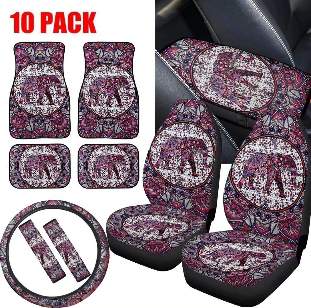 African Elephant Print 10-Piece Car Accessories Set - Steering Wheel Cover, 2 Seat Covers, 2 Seat Belt Covers, Armrest Cover & 4 Floor Mats - Unique Gift for Women - Perfect for Safari-Themed Car Decor & Road Trips