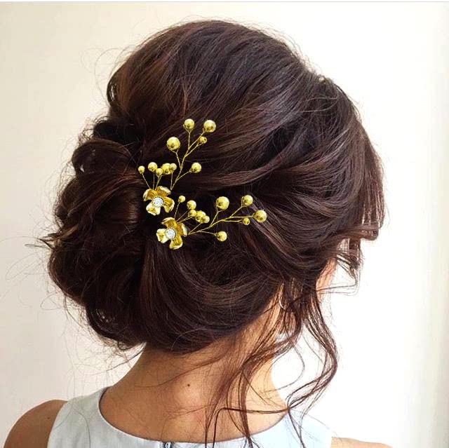 Pearl Flower Hair Pin - Elegant Small Floral Hair Bun Clip with Pearls for Women & Girls - Perfect for Weddings, Parties & Everyday Hairstyles (Golden)