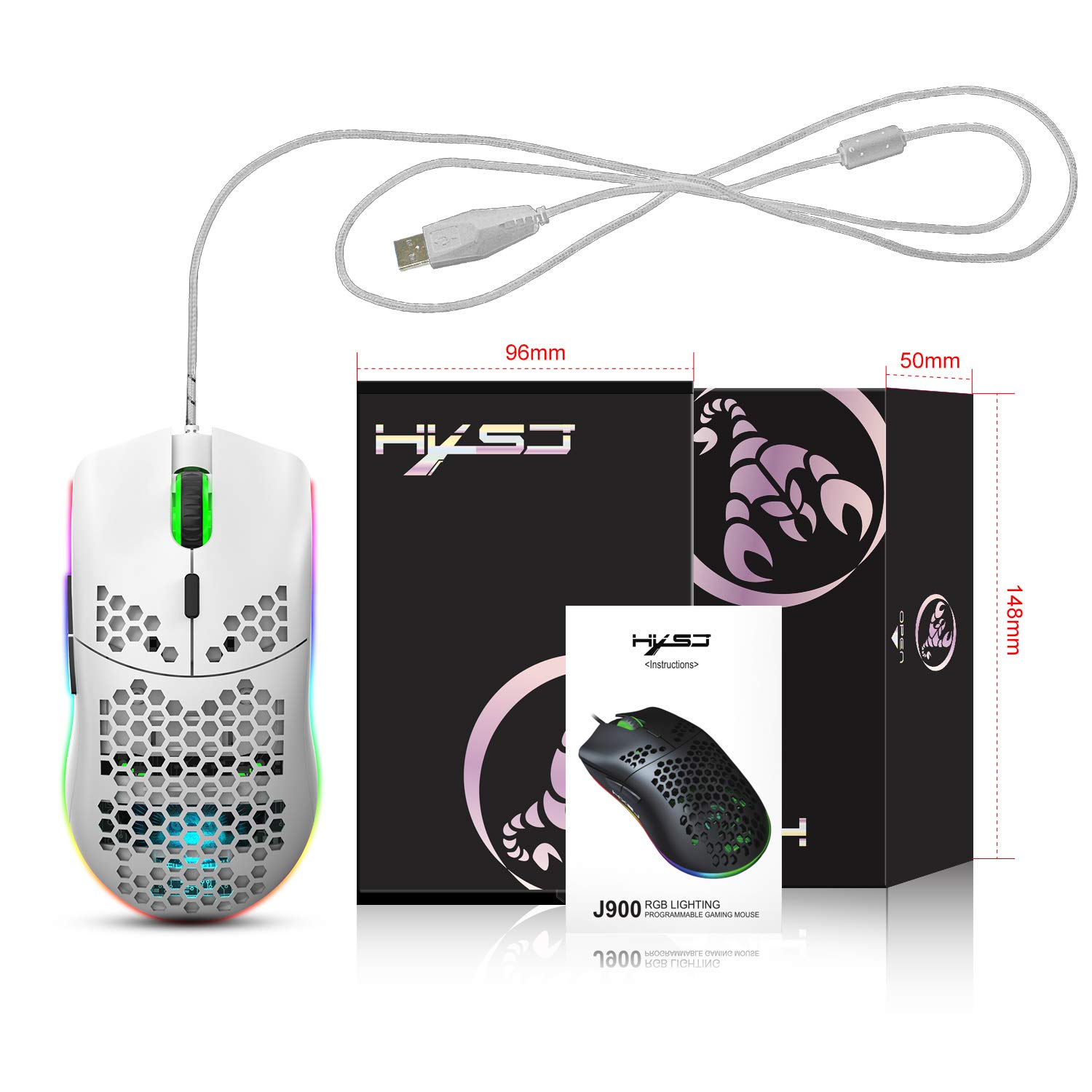 J900 Wired Gaming Mouse - 6 RGB Lighting Modes, 6400 DPI, Programmable USB Gaming Mouse with 6 Buttons & Honeycomb Shell Ergonomic Design for PC, Xbox, PS4 Gamers - White | Perfect for FPS, MOBA, and Esports Gaming