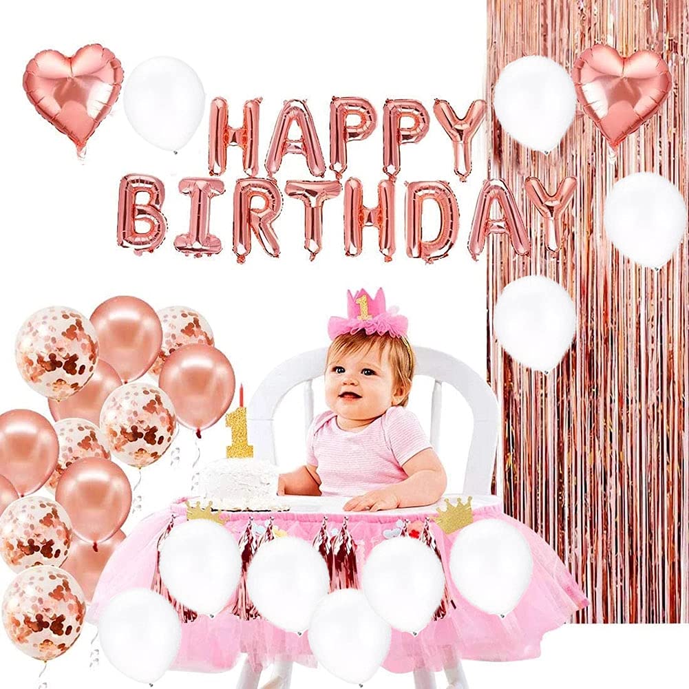 Morofme Rose Gold Birthday Party Decorations Set - Happy Birthday Balloon Banner, Confetti, Latex Balloons, Heart Foil Balloon & Fringe Curtain - Perfect for Birthday Parties, Baby Showers & Bridal Showers