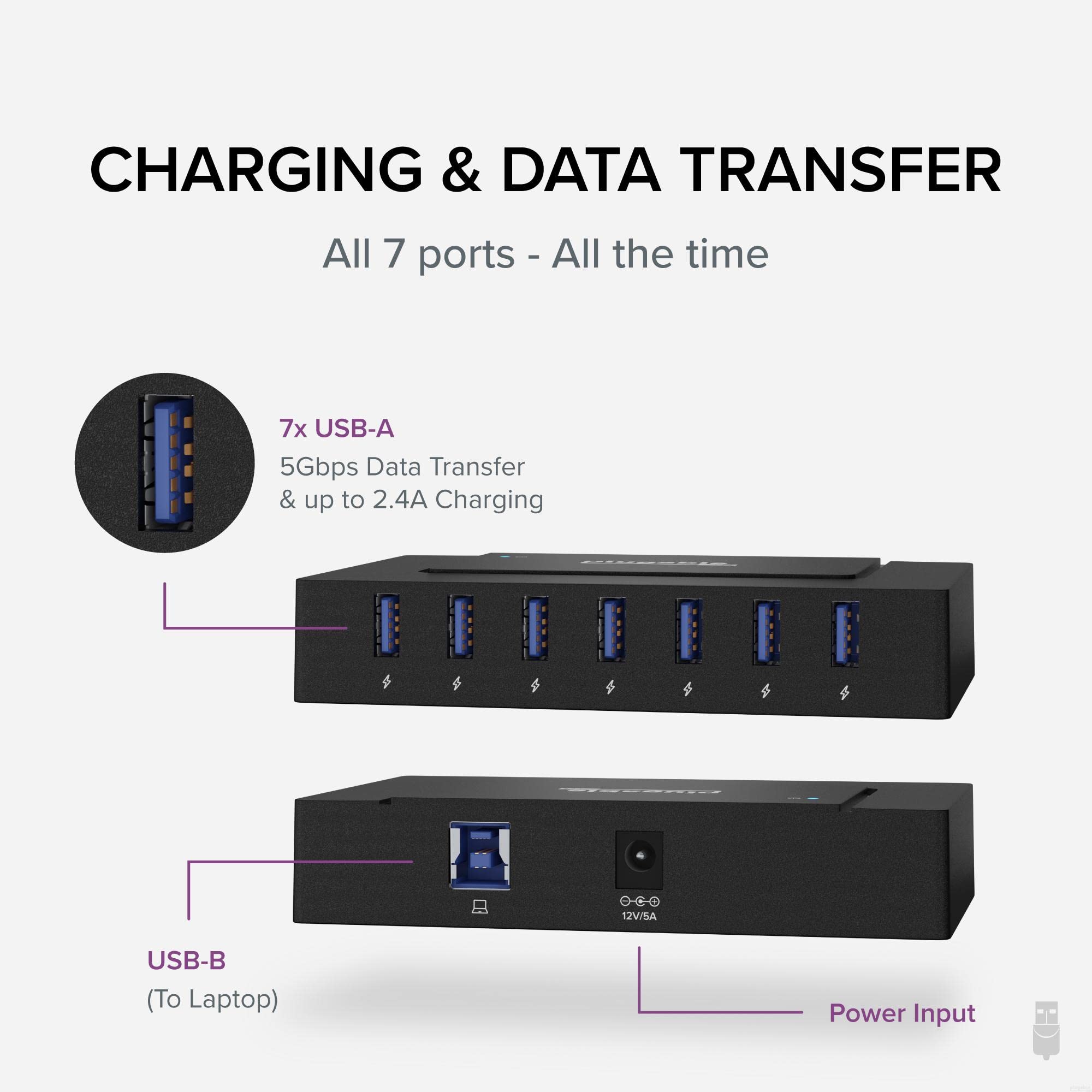 Plugable 7-in-1 USB C Hub with 60W Power Delivery - USB 3.0 Hub for Laptop, MacBook, iPad Pro | Multi-Port Adapter for Charging, Data Transfer & External Devices | Perfect for Home Office, Travel & Workspace Setup