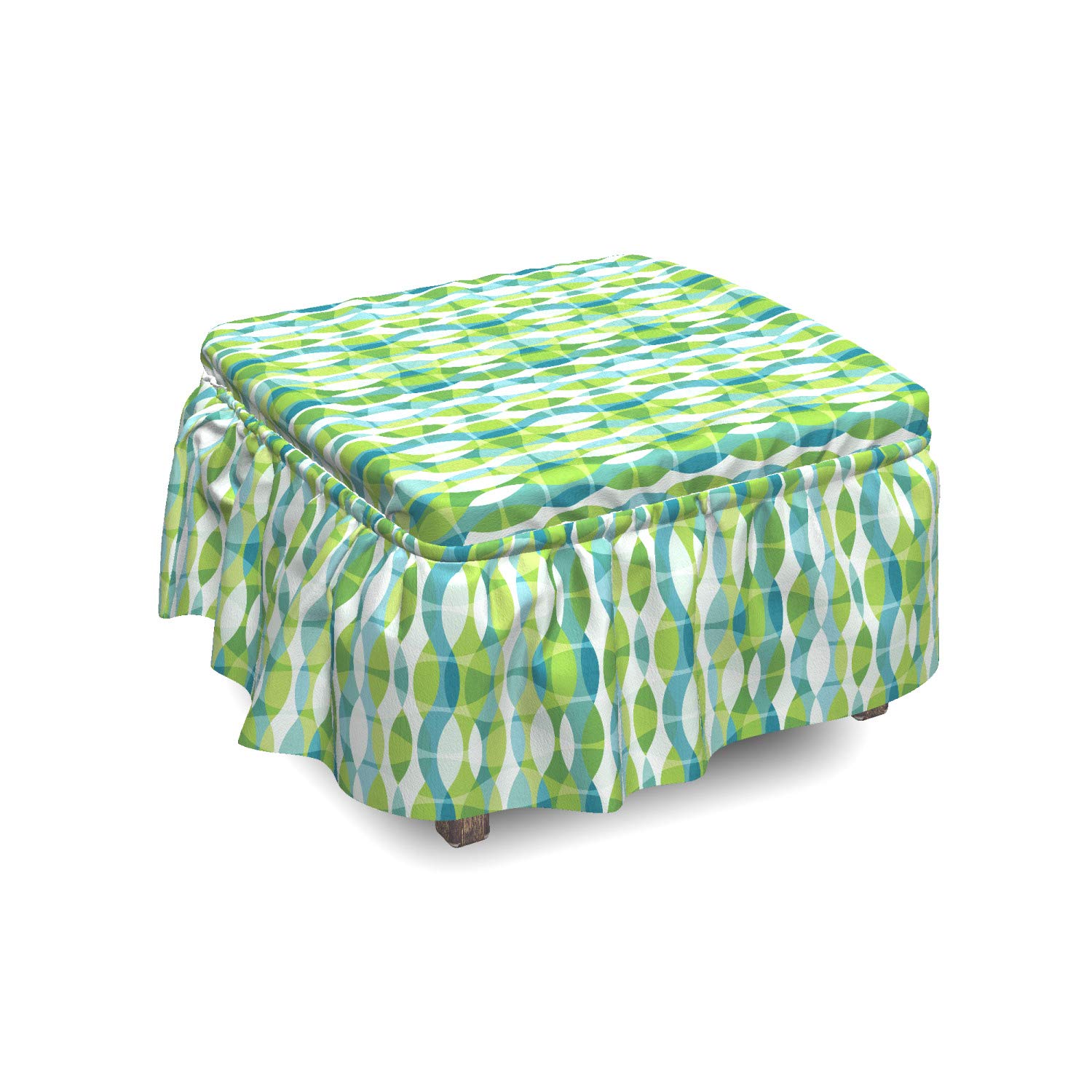 Ambesonne Grunge Ottoman Cover Set - 2 Piece Slipcover with Ruffle Skirt for Square, Round & Cube Footstools | Geometric Oval Pattern in Apple Green, Turquoise & White | Home Decor Accent for Living Room, Bedroom & Office