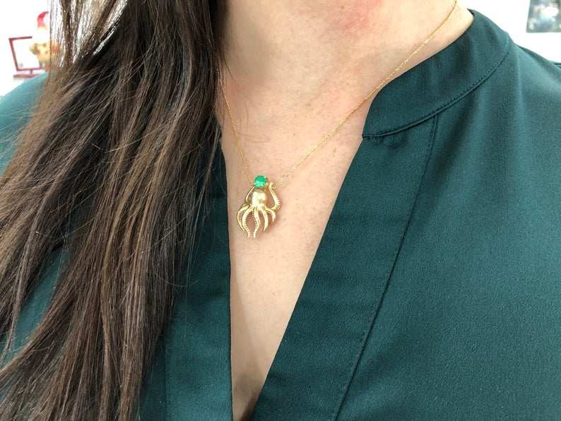 1.09tcw Natural Emerald & Diamond Octopus Necklace in 14K Gold - Elegant Sea-Themed Jewelry for Women, Perfect Gift for Birthdays, Anniversaries & Special Occasions