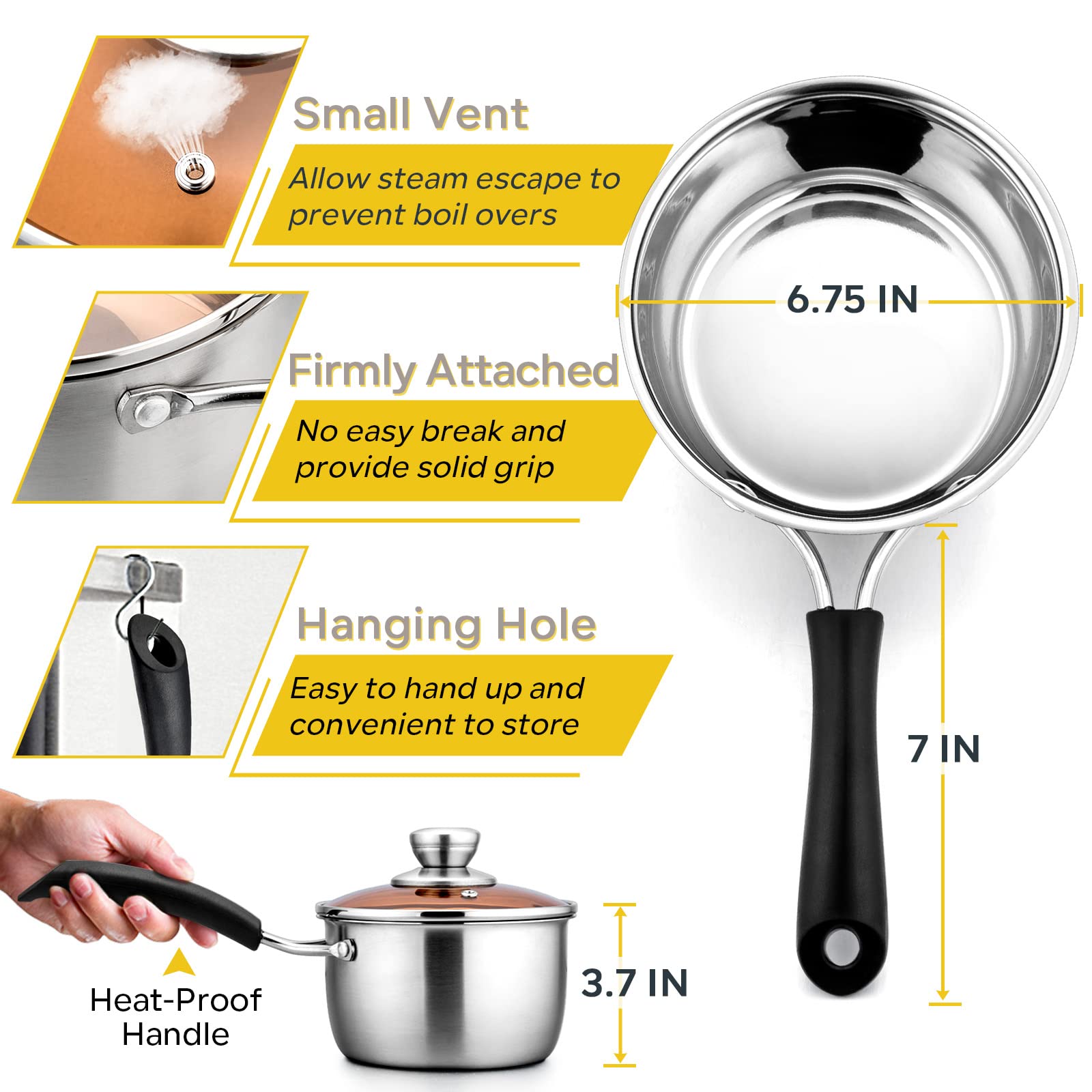 Premium 2 Quart Stainless Steel Saucepan with Glass Lid - Nonstick Cooking Pot for Pasta, Soup & Sauces - Easy Clean, Rust-Free & Dishwasher Safe - Ideal for Home Kitchen & Professional Chefs