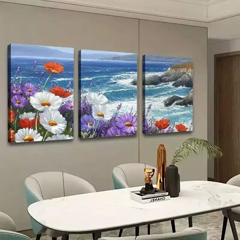 3-Piece Colorful Flowers & Sea Oil Painting Wall Art Set - Framed Canvas 50x70cm - High Quality Print - 100% Australian Made - Ready to Hang - Perfect for Living Room, Bedroom & Office Decor