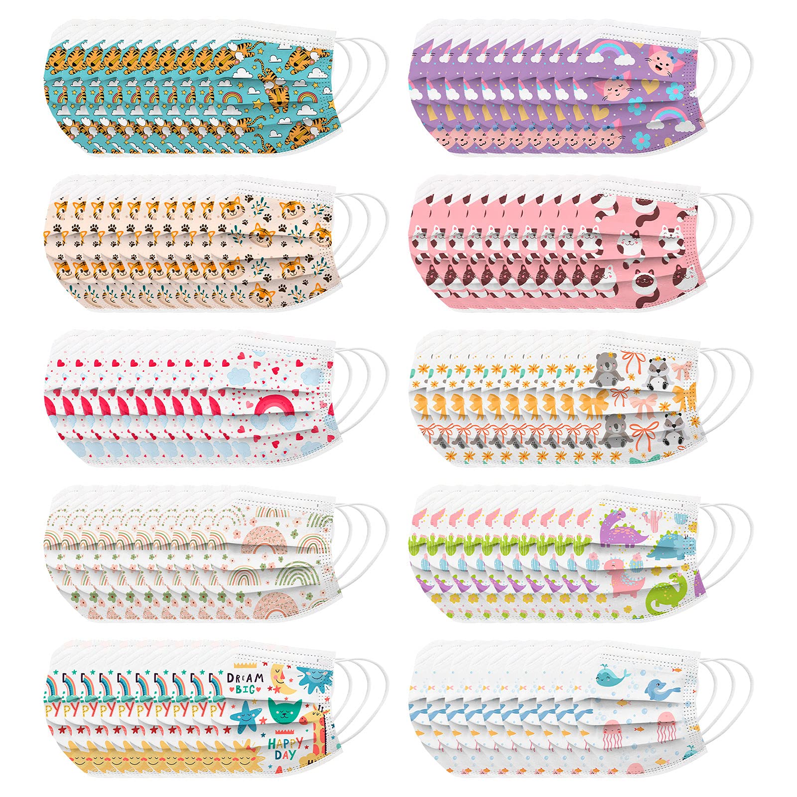 100Pcs Kids Disposable Face Masks - Assorted Colors with Cute Cartoon Designs, Comfortable 3-Ply Protection with Nose Wire & Elastic Earloop for Boys and Girls - Perfect for School, Outdoor Activities, and Daily Protection