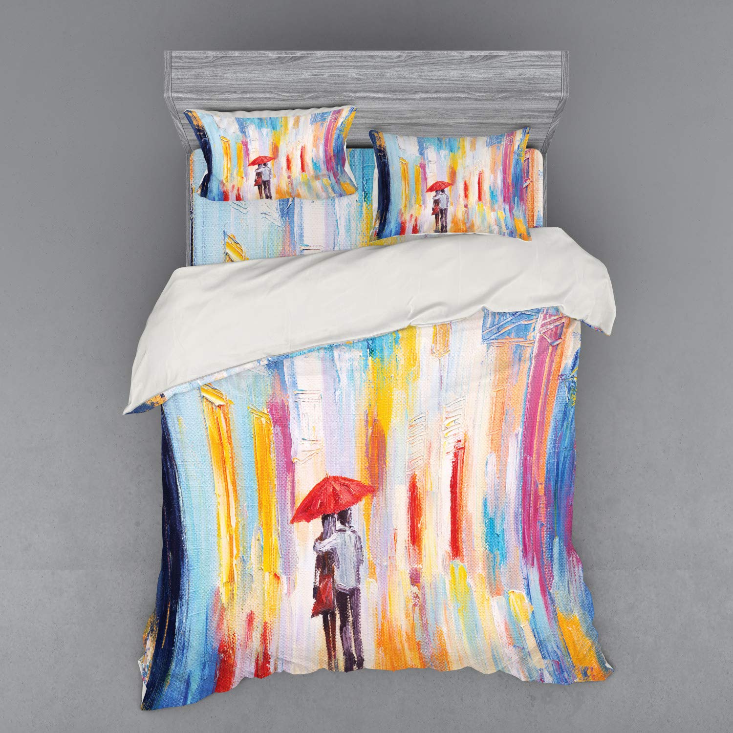 Ambesonne Urban Bedding Set - Romantic Rainy Day Couple Silhouette Design, 4-Piece Duvet Cover Set with Shams & Fitted Sheet, Queen Size, Multicolor - Perfect for Cozy Bedrooms & Modern Urban Apartments