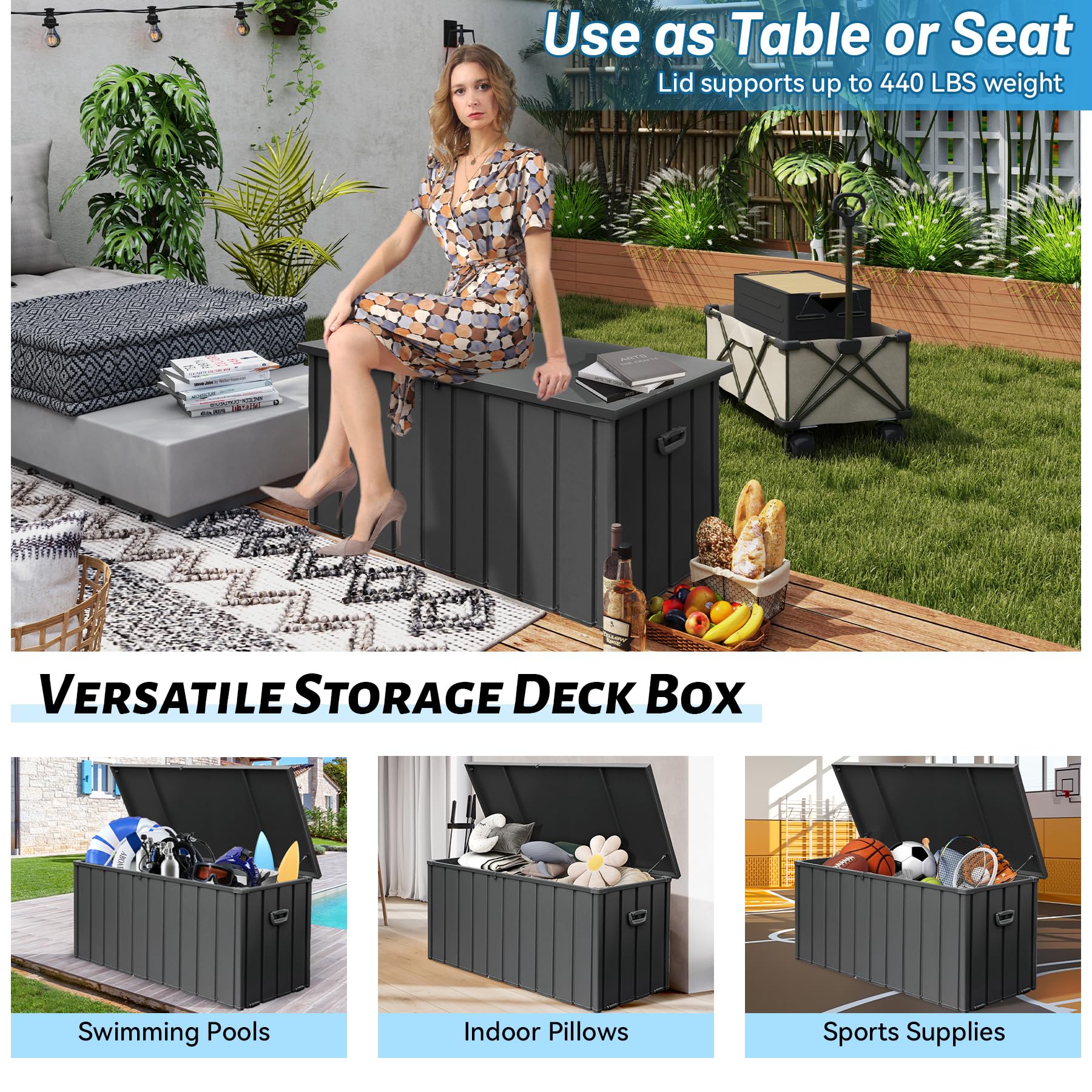 160 Gallon Outdoor Storage Deck Box - Heavy Duty Galvanized Steel Waterproof Storage Bench with Wheels & Lock - All-Weather UV-Resistant for Porch, Cushions, Tools (Grey) - Perfect for Patio Furniture Storage, Package Delivery Protection, and Backyard Organization