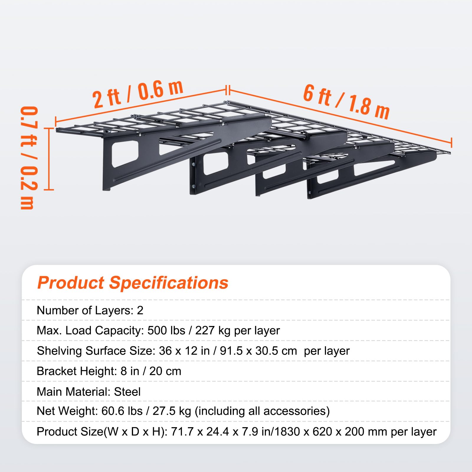 VEVOR 2-Pack Heavy Duty Wall Mounted Garage Shelves - 2x6 ft Floating Storage Rack with 4 Hooks, 1000 lbs Capacity - Perfect for Garage Organization, Basement Storage & Workshop Shelving (Black)
