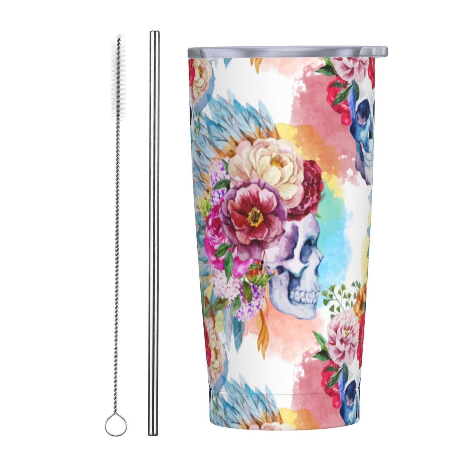 Spill Proof 20oz Stainless Steel Coffee Tumbler with Sugar Skull & Exotic Flower Design - Vacuum Insulated Reusable Travel Mug with Straw for Hot/Cold Drinks - Perfect Gift for Men & Women - Ideal for Office, Commuting, Camping & Outdoor Activities