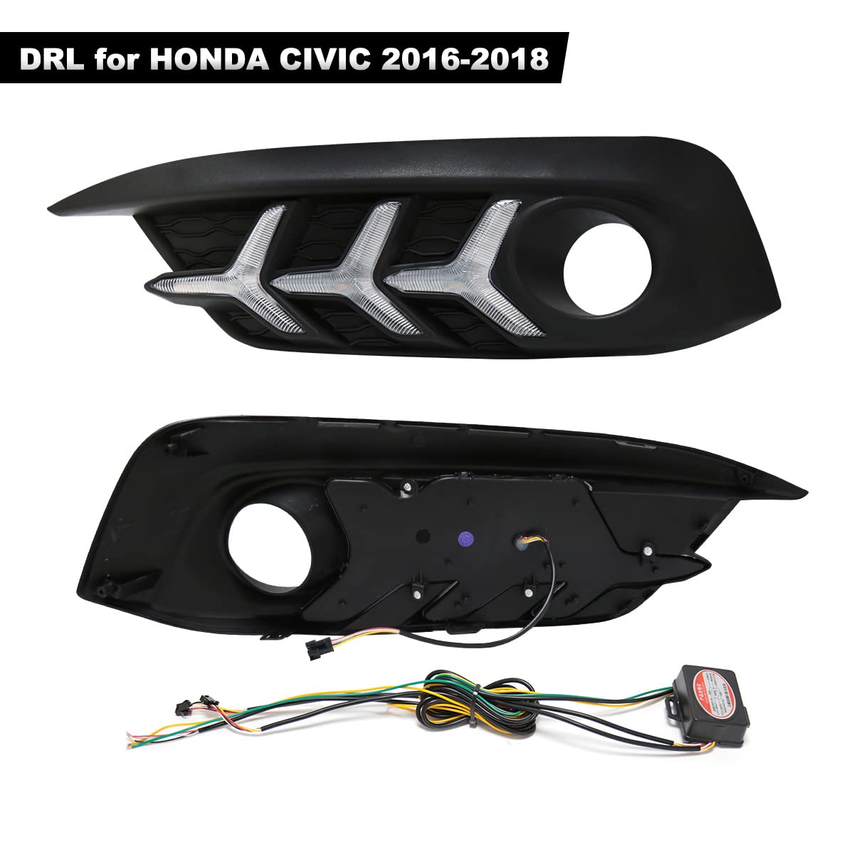 2016-2018 Honda Civic 10th Gen Sedan LED Daytime Running Lights with Amber Turn Signal - 3 Color DRL Fog Lights (Fish Bone Style) | Upgrade Your Ride for Enhanced Visibility & Style | Perfect for Night Driving & Custom Car Mods