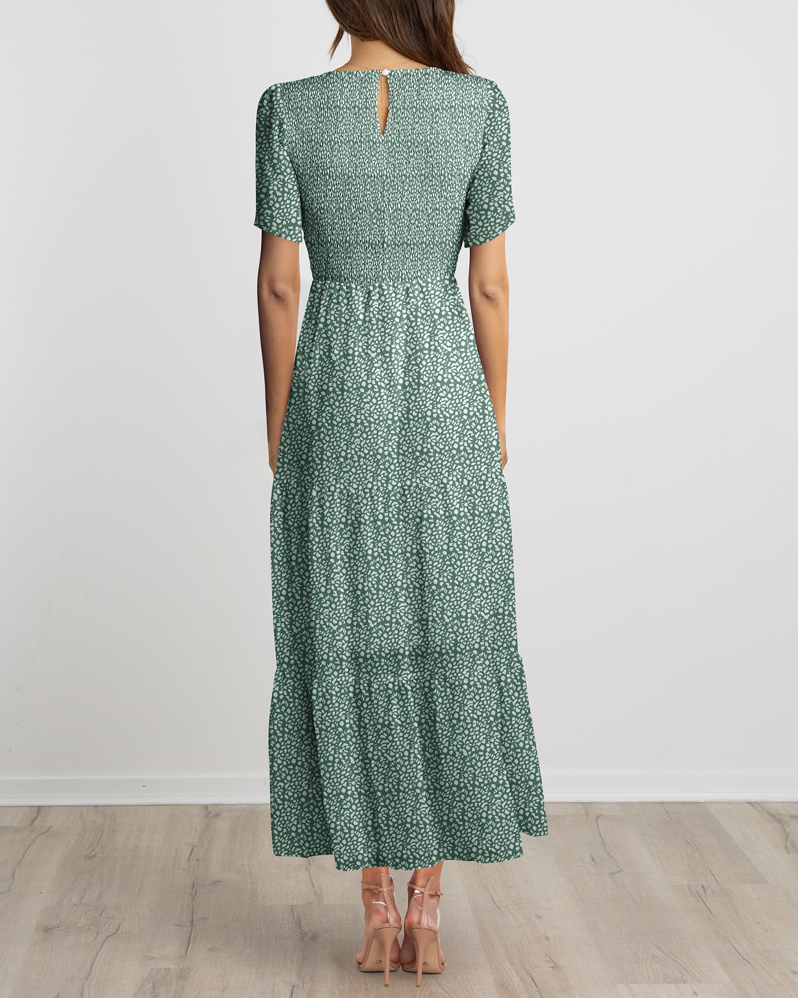 BTFBM Women's Bohemian Floral Print Maxi Dress - Short Sleeve Crew Neck Summer Casual Tiered Flowy Dress for Beach, Vacation & Cocktail Parties