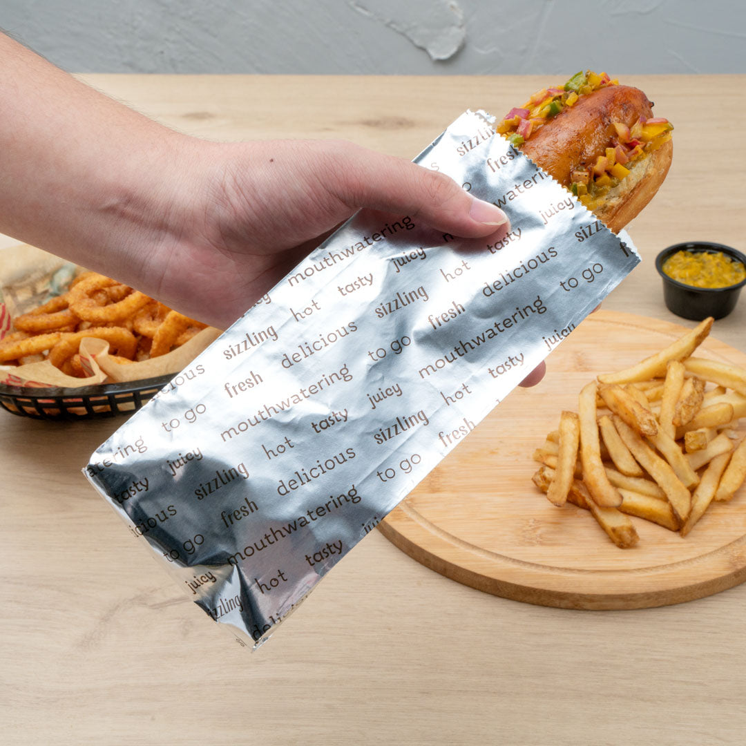 Eco-Friendly Small Hot Dog Foil Bags - 3 3/4 x 1 1/4 x 9 Inches, 100 Count Box - Perfect for Food Trucks, Concession Stands & Party Snacks