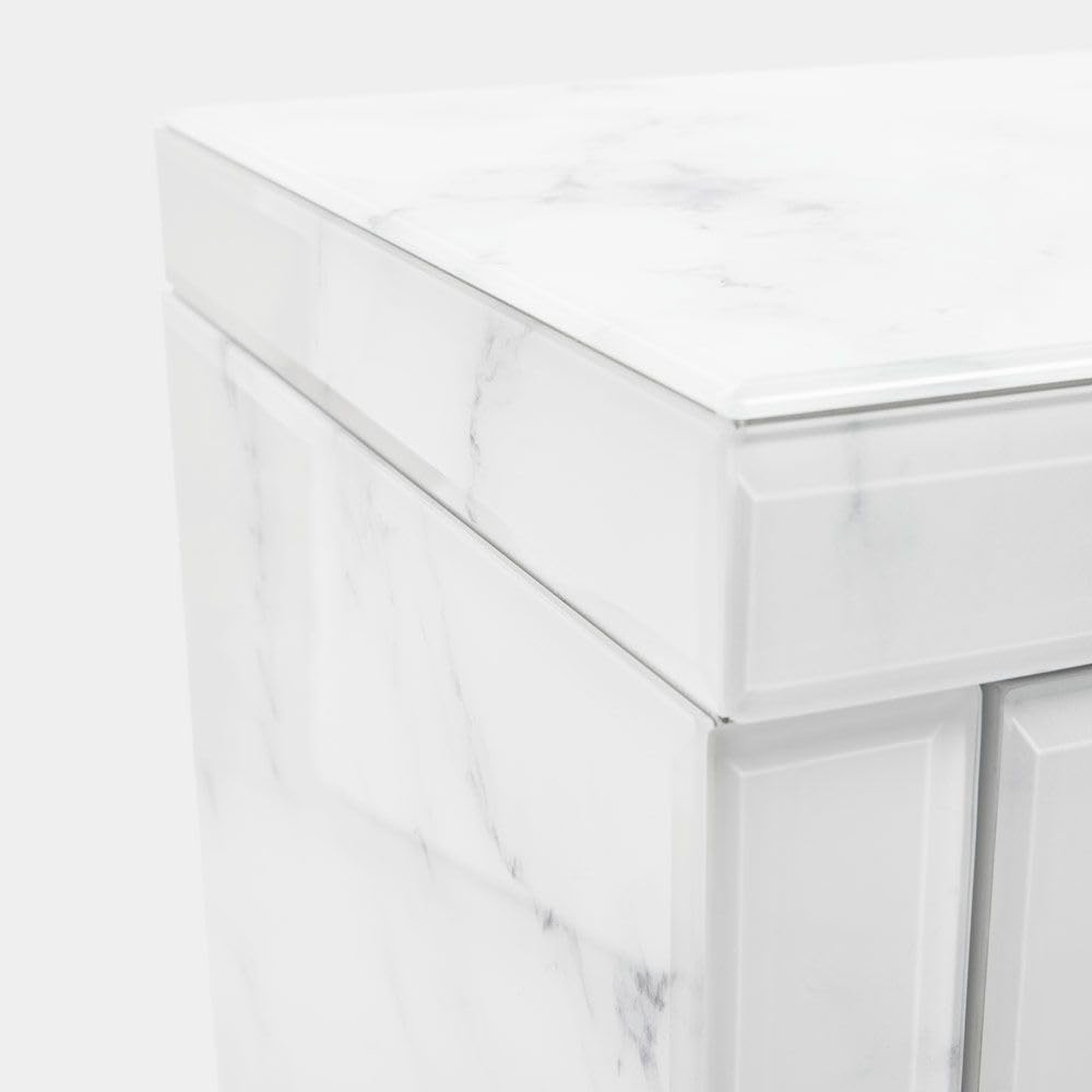 Glass Three-Drawer Nightstand - Stylish White Marble Textured Tempered Glass Bedside Table with Golden Metal Handle | Modern Bedroom Furniture for Small Spaces & Apartment Living