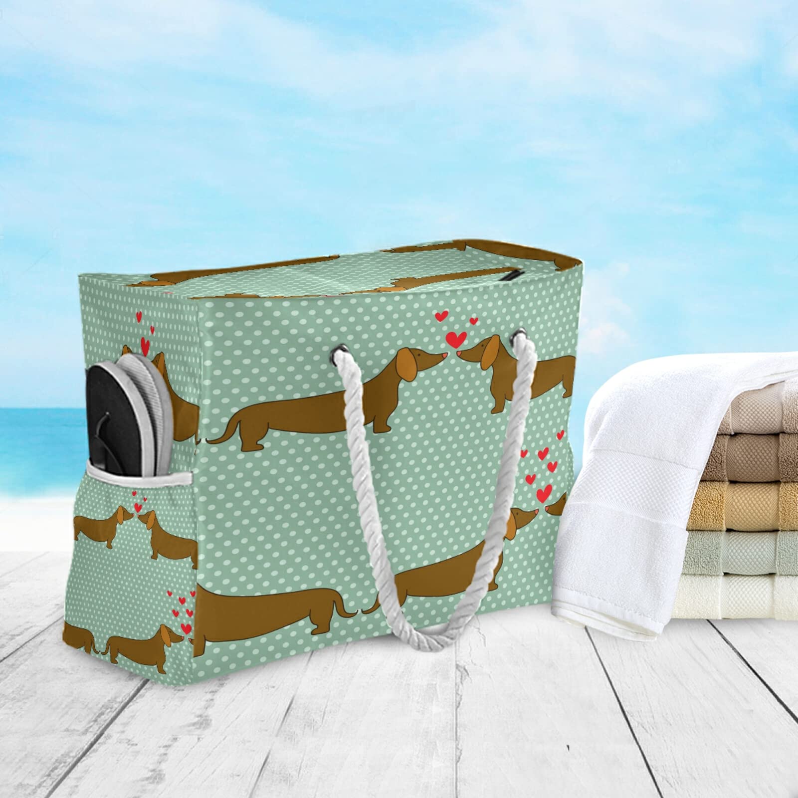 ALAZA Dachshund Puppy Dog Print Polka Dot Tote Bag - Large Beach Bag with Rope Handles for Women, Shopping, Groceries, Travel & Outdoor Activities - Perfect for Beach Day, Picnic, and Daily Use
