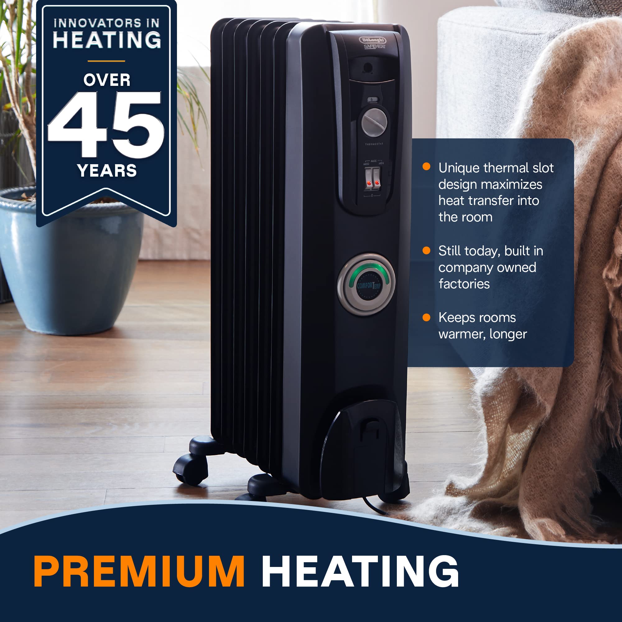 De'Longhi EW7707CB 1500W Oil Filled Radiator Heater - Portable Electric Space Heater for Indoor Use, Energy Efficient Room Heater with Safety Features for Office, Bedroom & Home - Perfect for Winter Warmth & Energy Savings