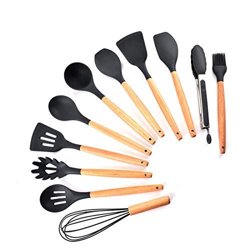 Premium Silicone Kitchen Utensil Set with Wooden Handles - 12-Piece Heat-Resistant Cooking Tools Including Spatula, Turner, Tongs & Whisk - Non-Slip Holder Included - Perfect for Baking, Frying & Everyday Cooking (Black)