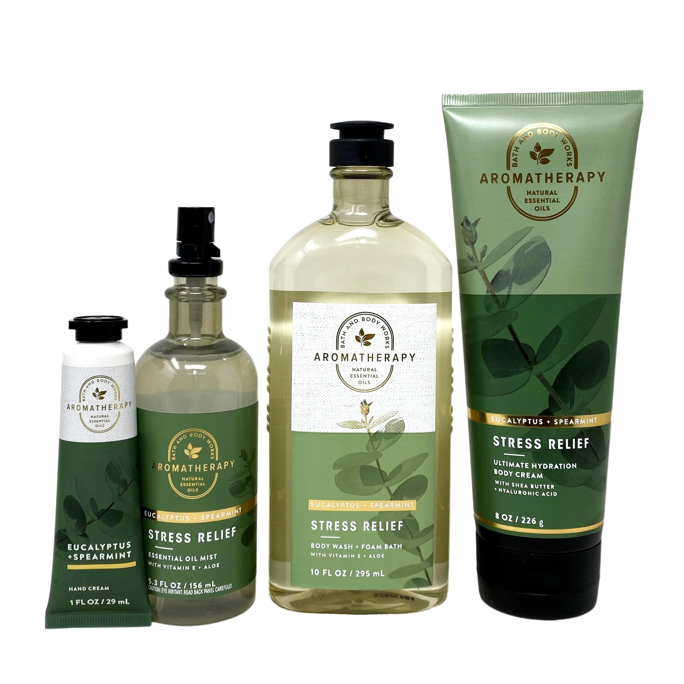 Aromatherapy Stress Relief Gift Set - Eucalyptus & Spearmint Scented Body Cream, Wash, Foam Bath, Essential Oil Mist & Hand Cream - Full Size Spa Collection for Relaxation & Self-Care