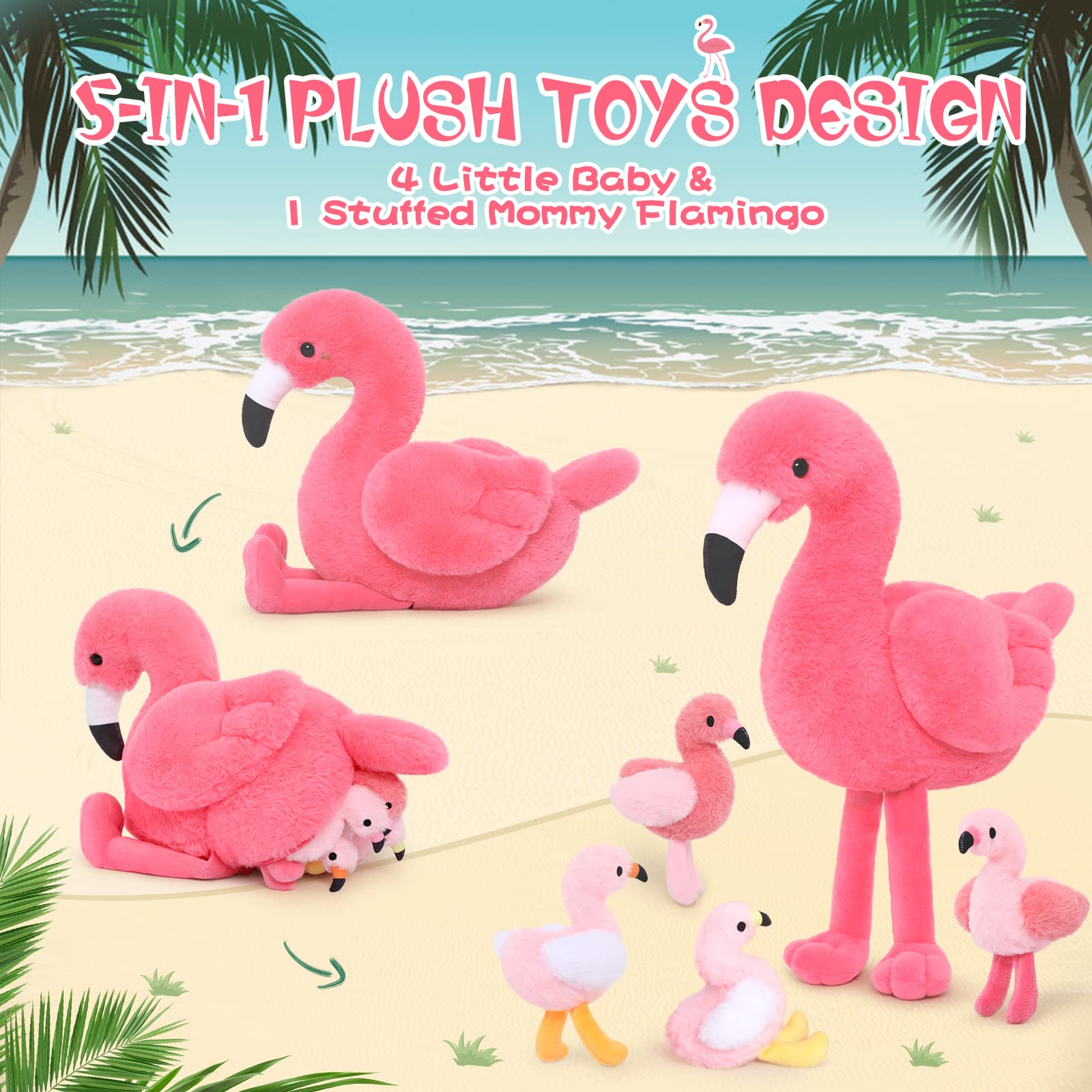 MorisMos 18 Inch Pink Flamingo Stuffed Animal with 4 Baby Bird Plush Toys Inside Zipper Tummy - Soft Plushie Gift Set for Girls, Women, Home Decor, Birthday, Christmas & Valentine's Day - Perfect for Nursery Decor, Cuddling & Gift Giving
