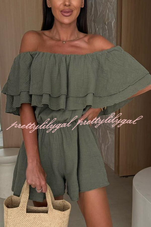 Solid Color Off Shoulder Ruffled Casual Waist Rompers for Women - Summer Beach Party Outfit & Vacation Jumpsuit