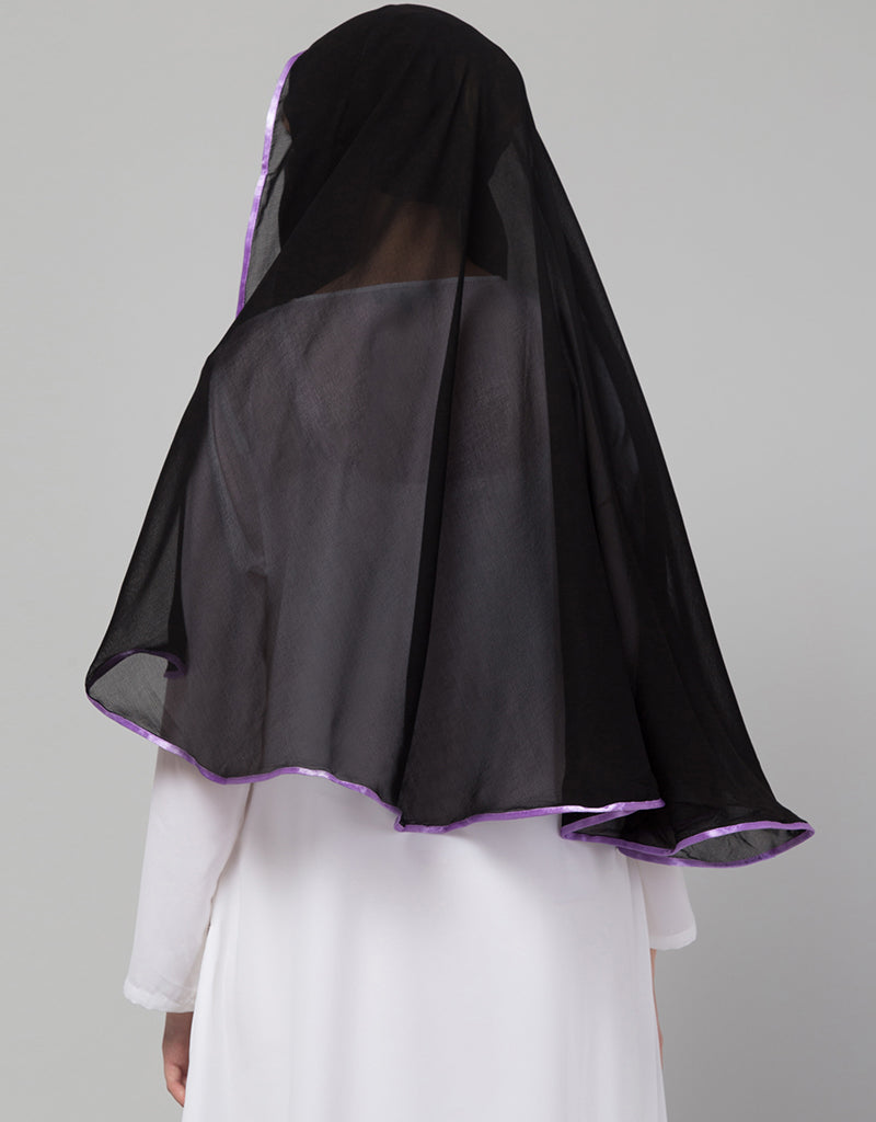 Black with Purple Polyester Georgette Hijab Headscarf - Modest Muslim Fashion for Women, Daily Wear & Special Occasions