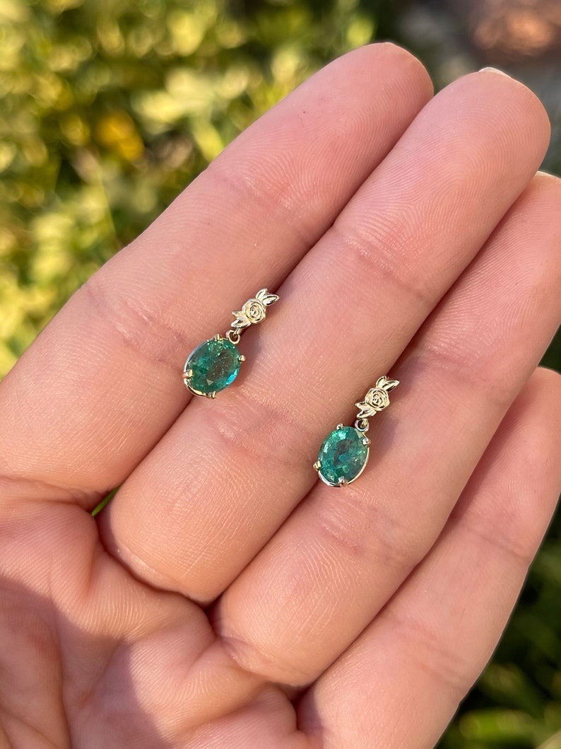 2.0tcw 14K Rose Gold Natural Green Oval Cut Emerald Floral Dangle Earrings for Women - Elegant Jewelry Gift for Bridal, Party & Special Occasions