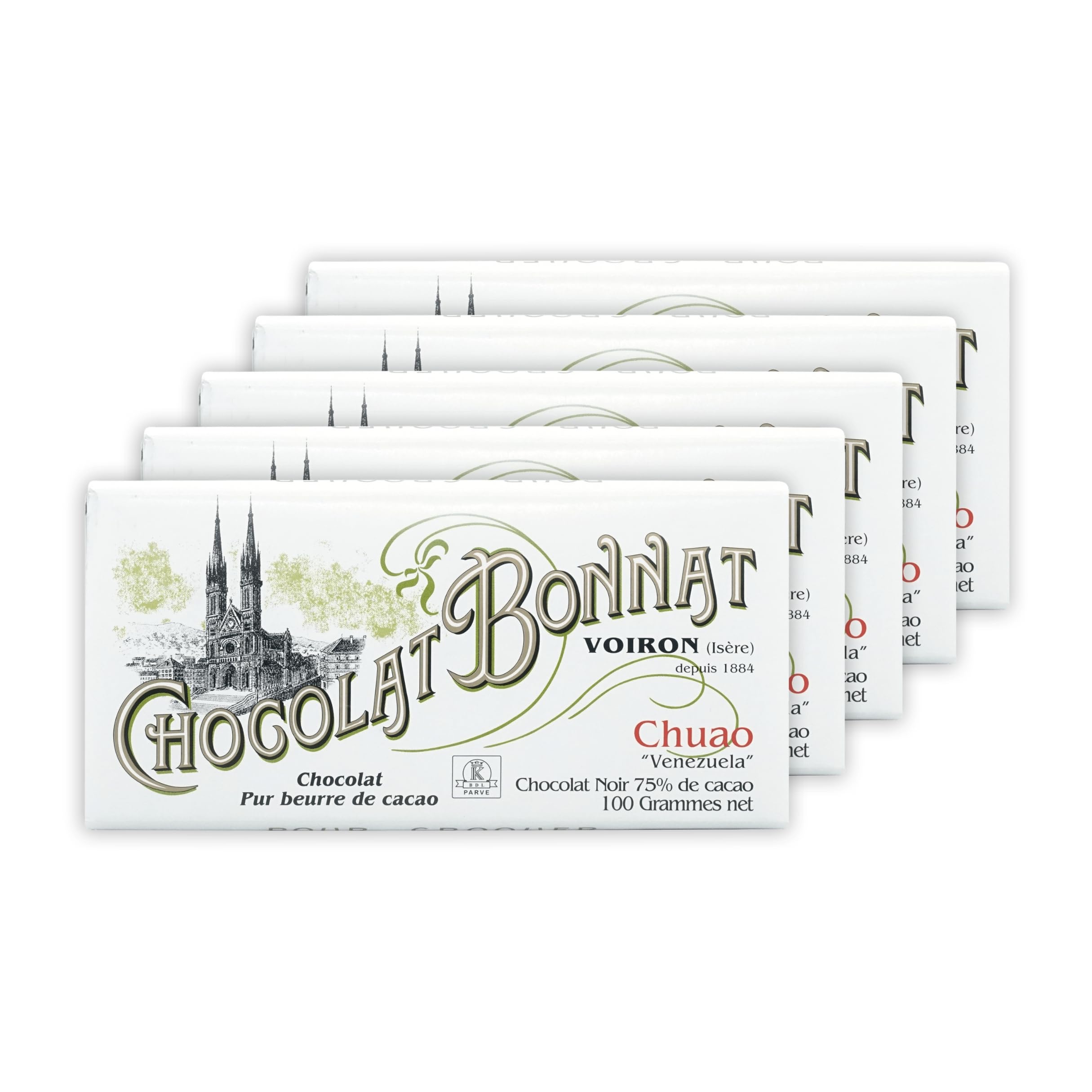 Bonnat Chuao Venezuela 75% Dark Chocolate Bar 5-Pack | Premium French Bean-to-Bar Chocolate | Family-Owned, Soy-Free, Gluten-Free, Vegan & Kosher | Perfect for Gifts, Desserts & Gourmet Snacking