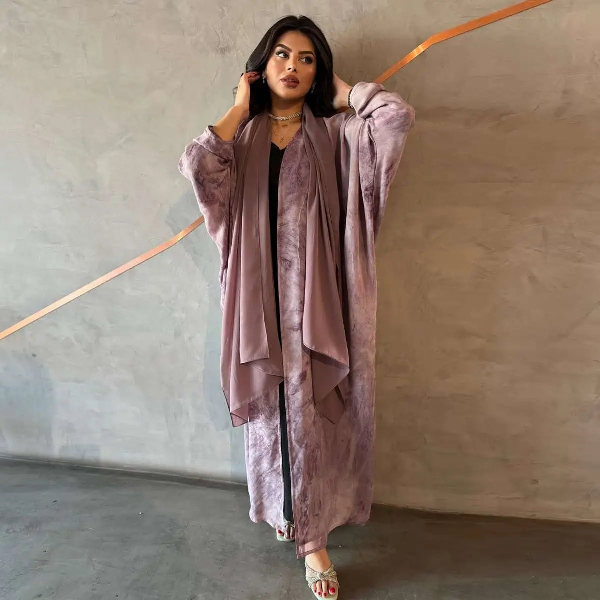 Elegant Chiffon Printed Cardigan Open Abaya Dress with Matching Hijab - Modest Muslim Fashion for Women, Perfect for Prayer, Eid, and Special Occasions