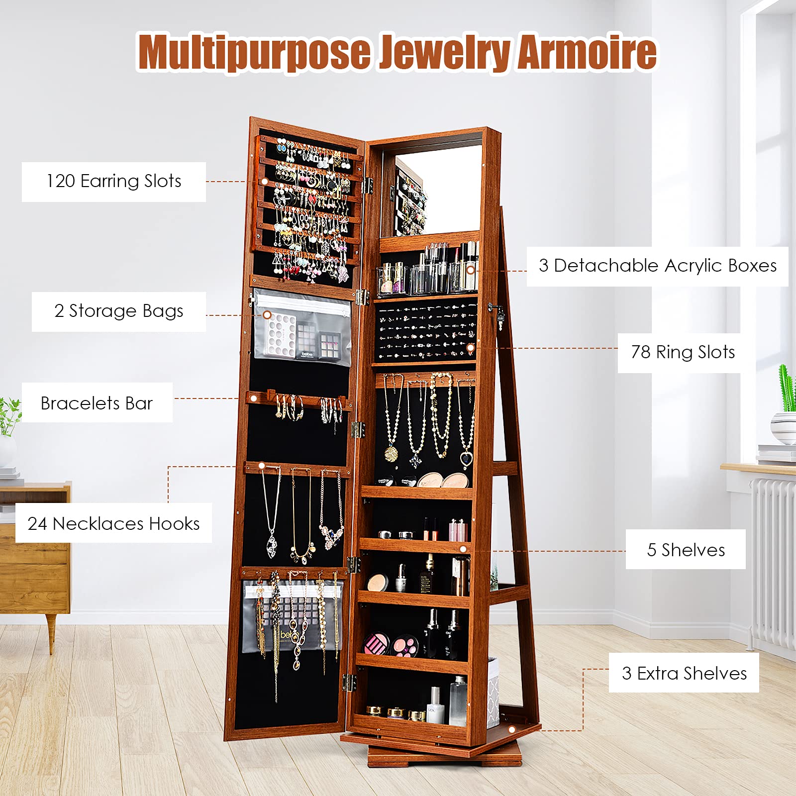 FANTASK 360° Rotating Jewelry Cabinet with Full-Length Mirror - Lockable Standing Jewelry Organizer with Inside Mirror & Rear Storage Shelves - Large Capacity Jewelry Armoire for Bedroom, Closet & Dressing Room Organization