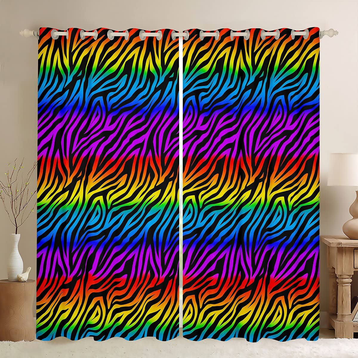 Rainbow Zebra Stripes Window Curtains for Bedroom - 38x54 Inches, 2 Panels - Colorful Zebra Print Drapes for Kids & Adults - Zoo Animal Theme Room Decor - Perfect for Nursery, Playroom or Jungle-Themed Bedrooms