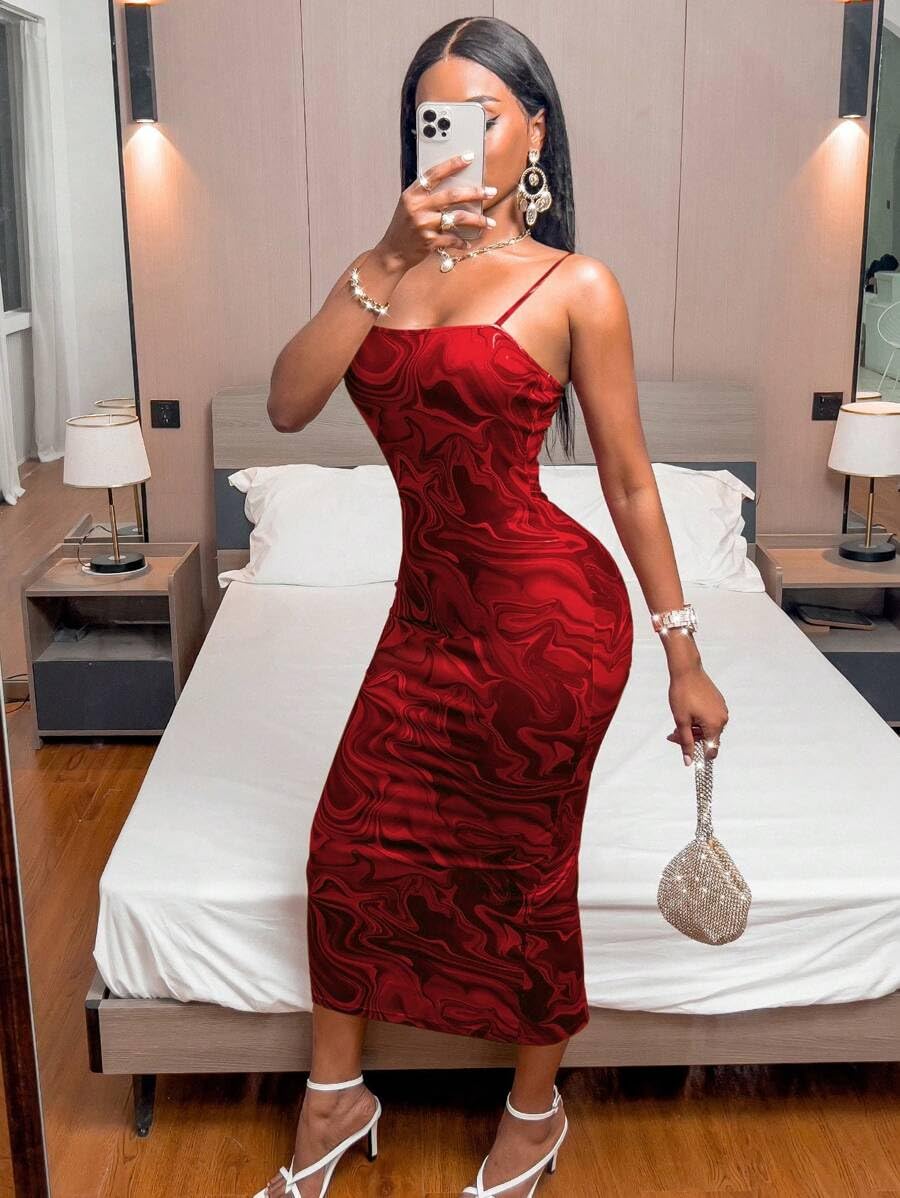 Women's Summer Floral Print Bodycon Midi Dress - Sexy Cami Long Dress with Back Slit for Party, Club & Night Out | Perfect for Beach Vacations, Date Nights & Summer Events