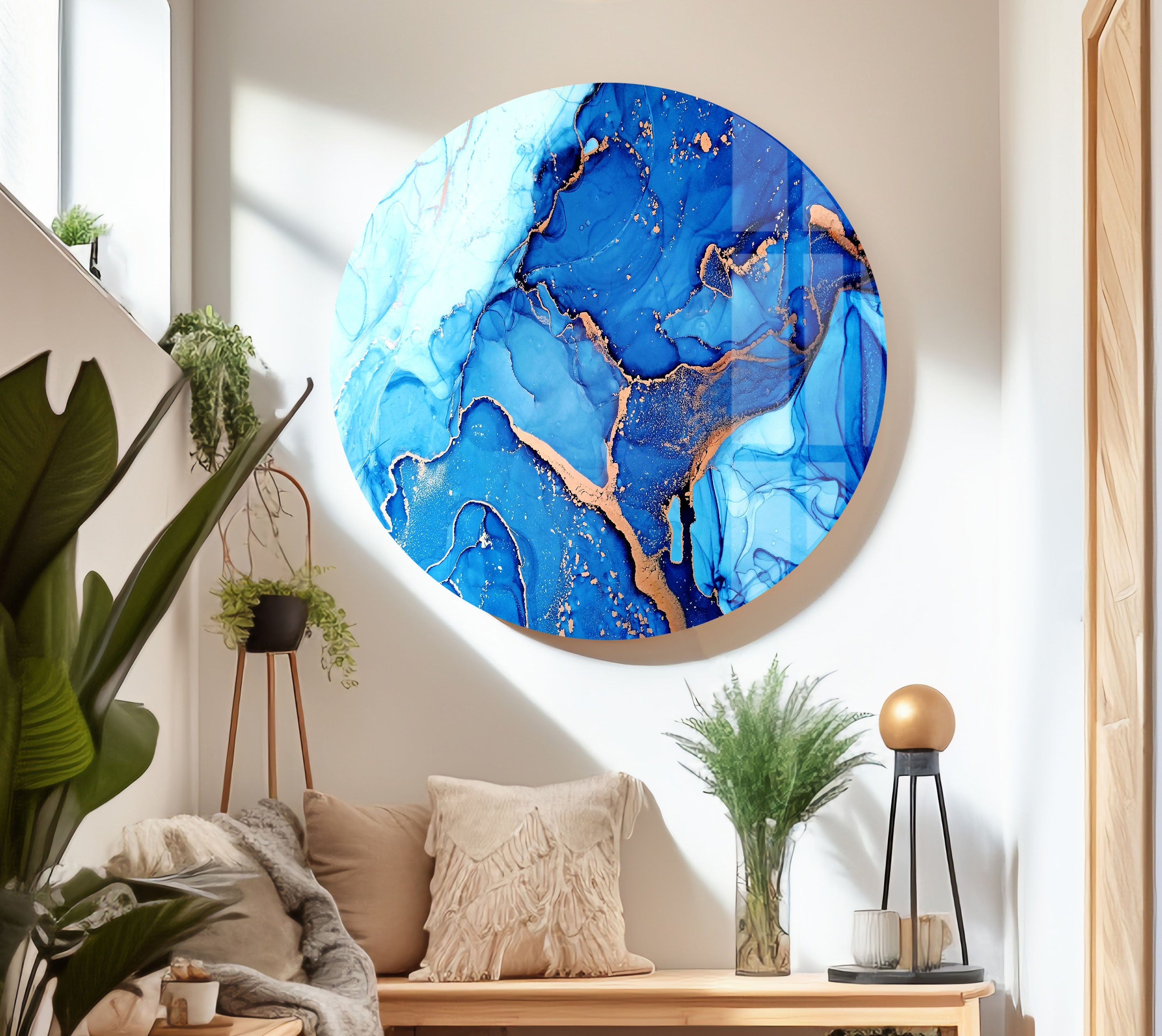 Blue Abstract Liquid Ink Art Glass Wall Decor - Modern Home & Office Decoration for Living Room, Bedroom, or Workspace