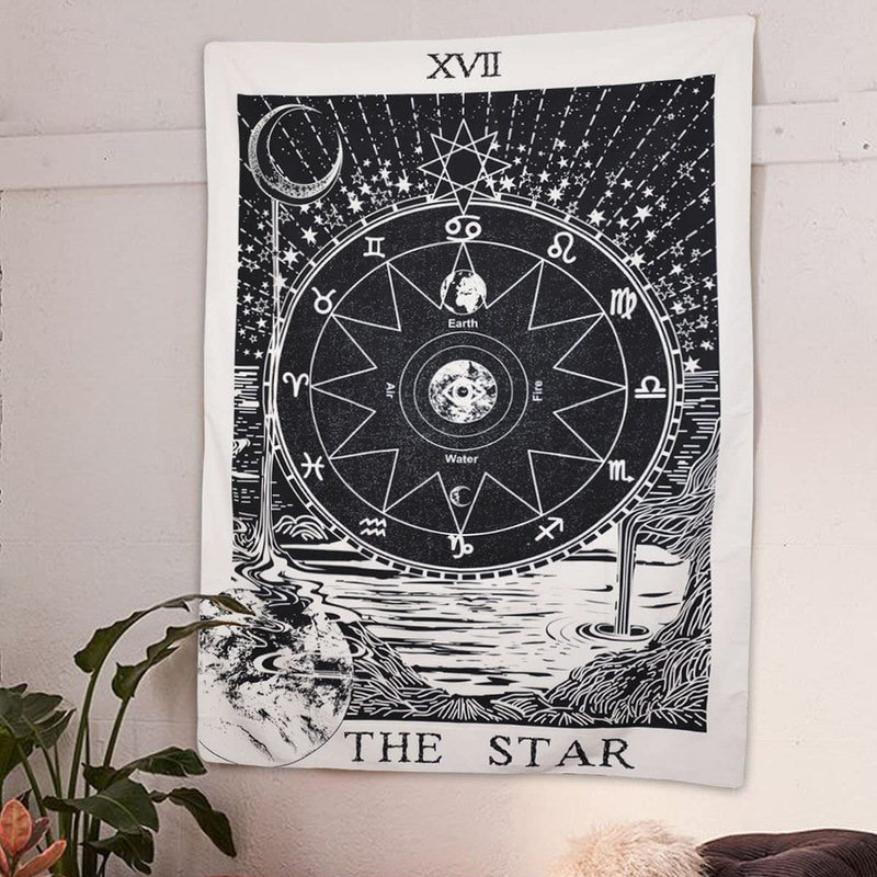 Star Tarot Monochrome Tapestry - Black & White Celestial Wall Hanging for Bedroom Decor, Meditation Space & Gothic Aesthetic