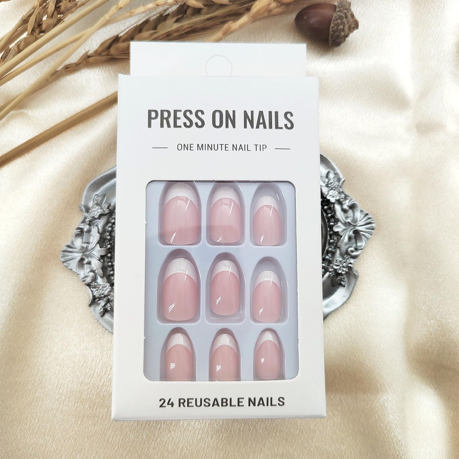 White French Tip Press On Nails - 24Pcs Short Oval Fake Nails with Glue, Light Pink Full Cover Acrylic False Nails for Women | Easy to Apply, Natural Look for Daily Wear, Perfect for Office, Parties & Special Occasions