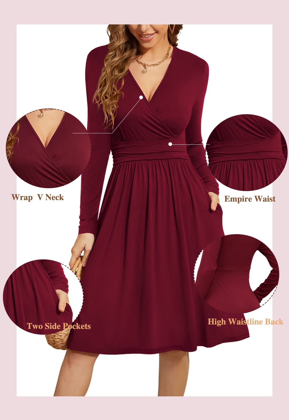 WEACZZY Women's 2025 Fall Long Sleeve V-Neck Casual Dress with Pockets - Elegant Semi-Formal Party Wear for Office, Date Night & Special Occasions
