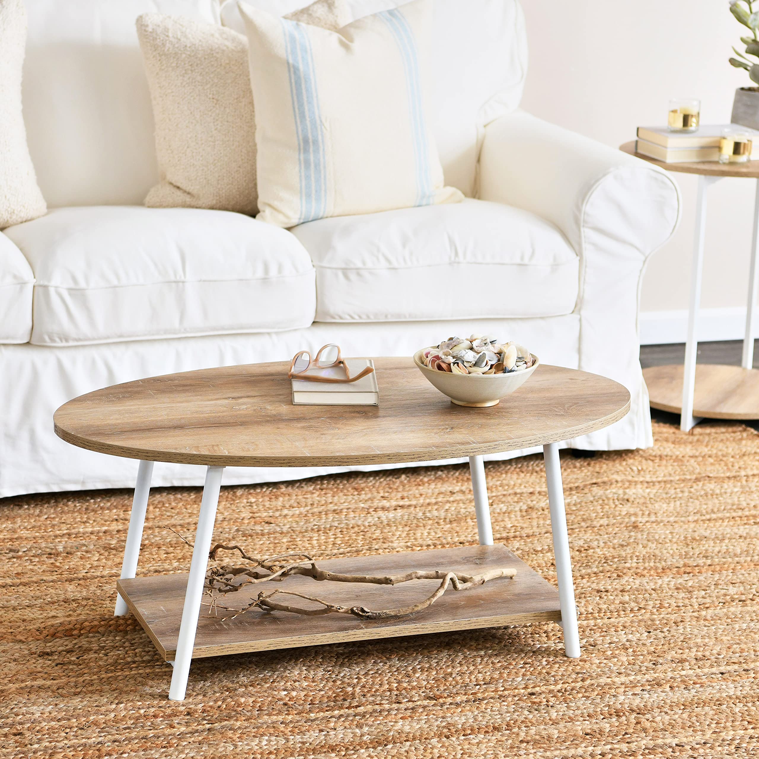 Jamestown Oval Coffee Table with Storage Shelf - Rustic Coastal Oak Wood Grain & White Metal Frame - Perfect for Living Room, Lounge, or Office Decor
