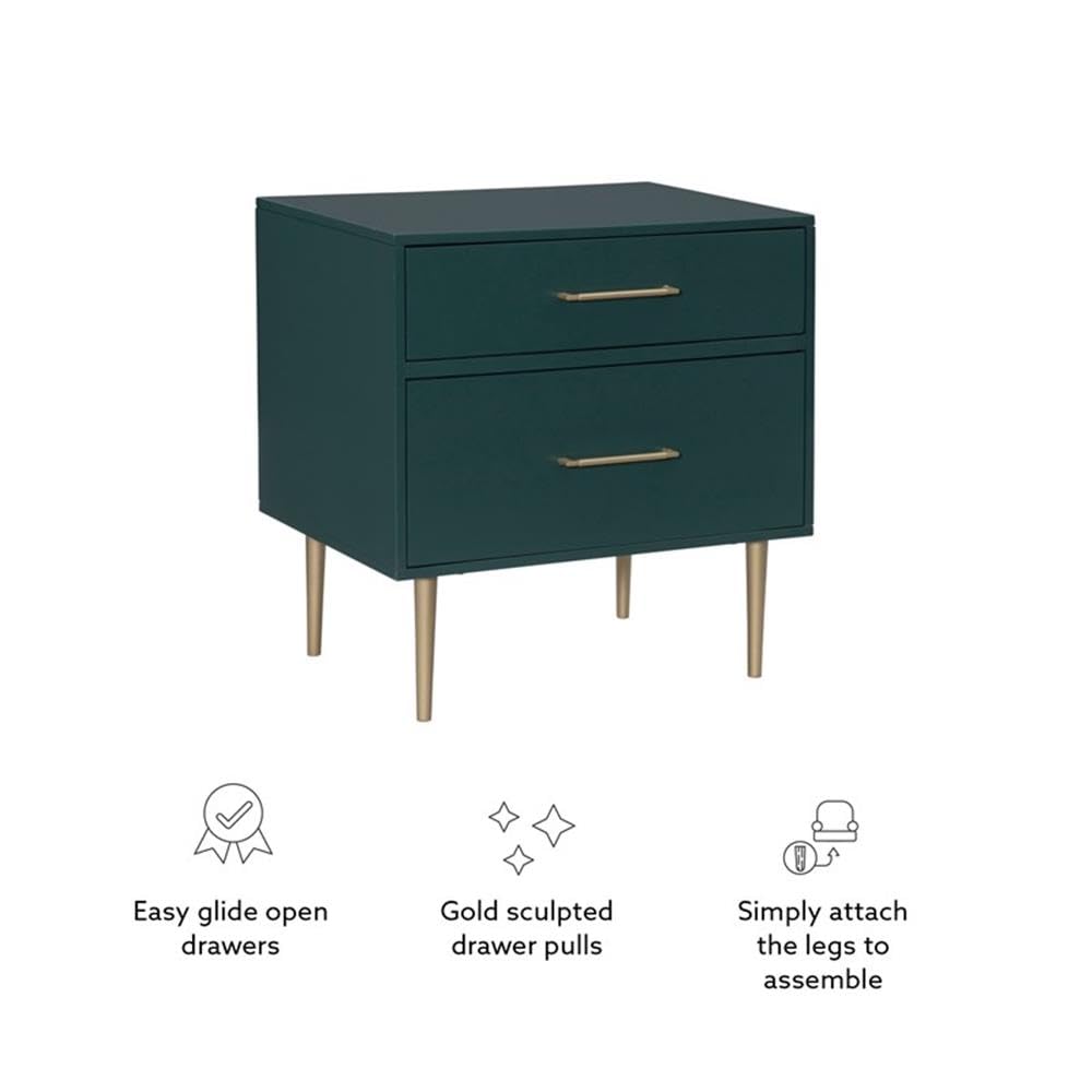 Linon Dylan Dark Green Wood Nightstand with 2 Drawers & Gold Accents - Modern Bedside Table for Bedroom, Guest Room or Dorm (18.5