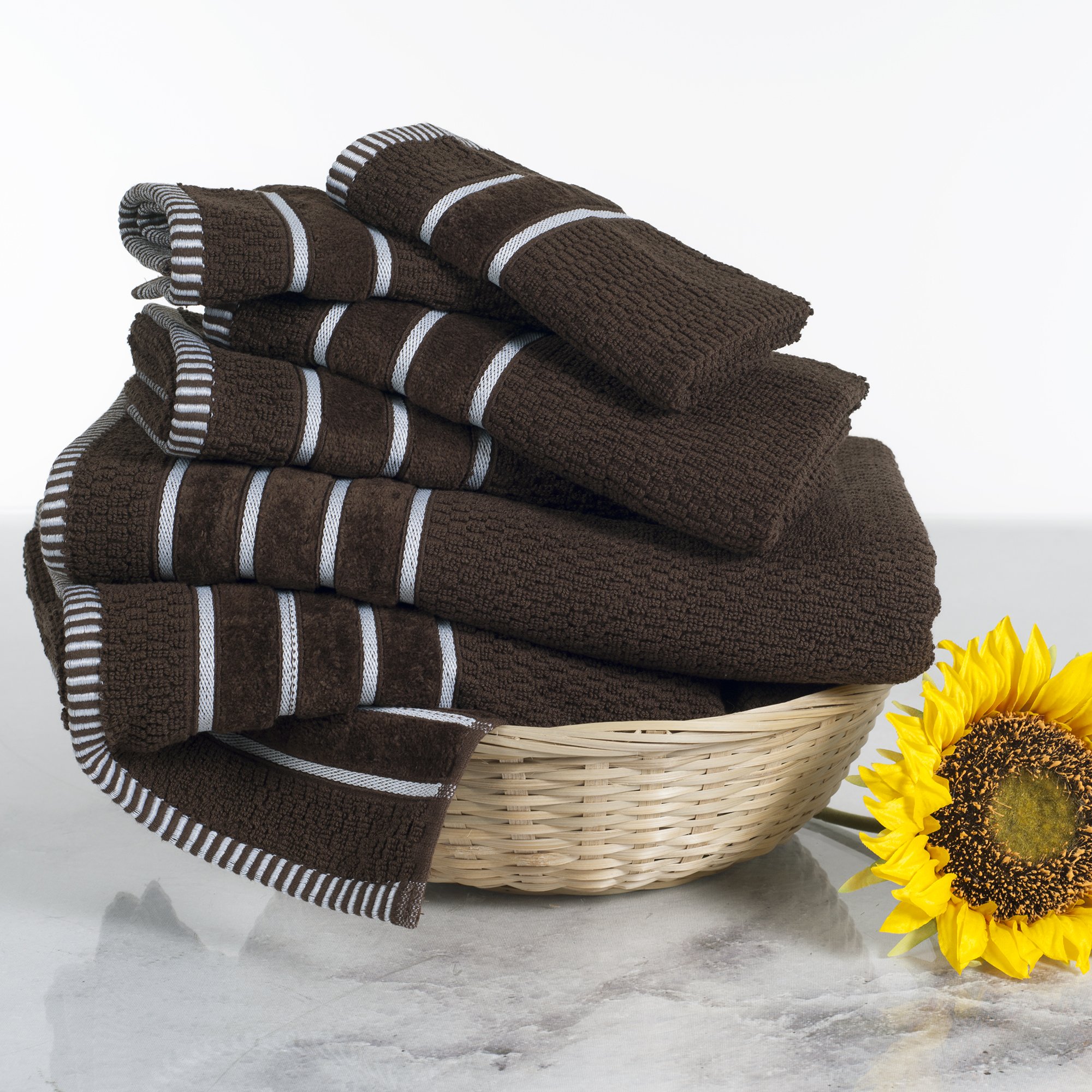 Premium 6-Piece Egyptian Cotton Towel Set - 2 Bath Towels, 2 Hand Towels & 2 Washcloths - Soft Rice Weave Luxury Bath Linens for Spa, Hotel & Home Use - Brown