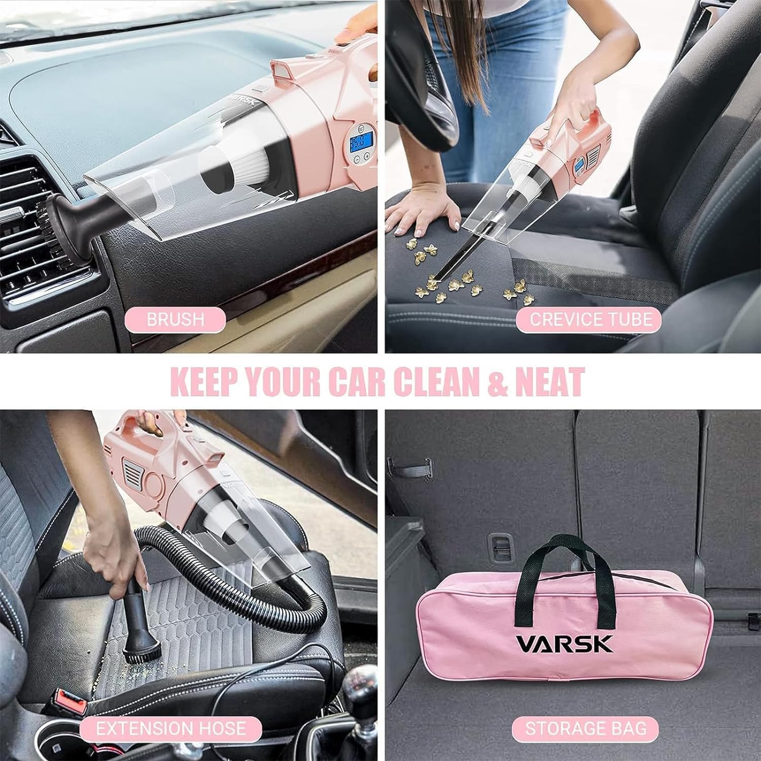 VARSK 4-in-1 High Power Car Vacuum Cleaner & Tire Inflator - 12V DC Portable Handheld Vacuum with Digital LCD Pressure Gauge, 15FT Cord & LED Light - Perfect Gift for Women, Girls & Moms (Pink) - Ideal for Car Cleaning, Home Use & Emergency Tire Inflation