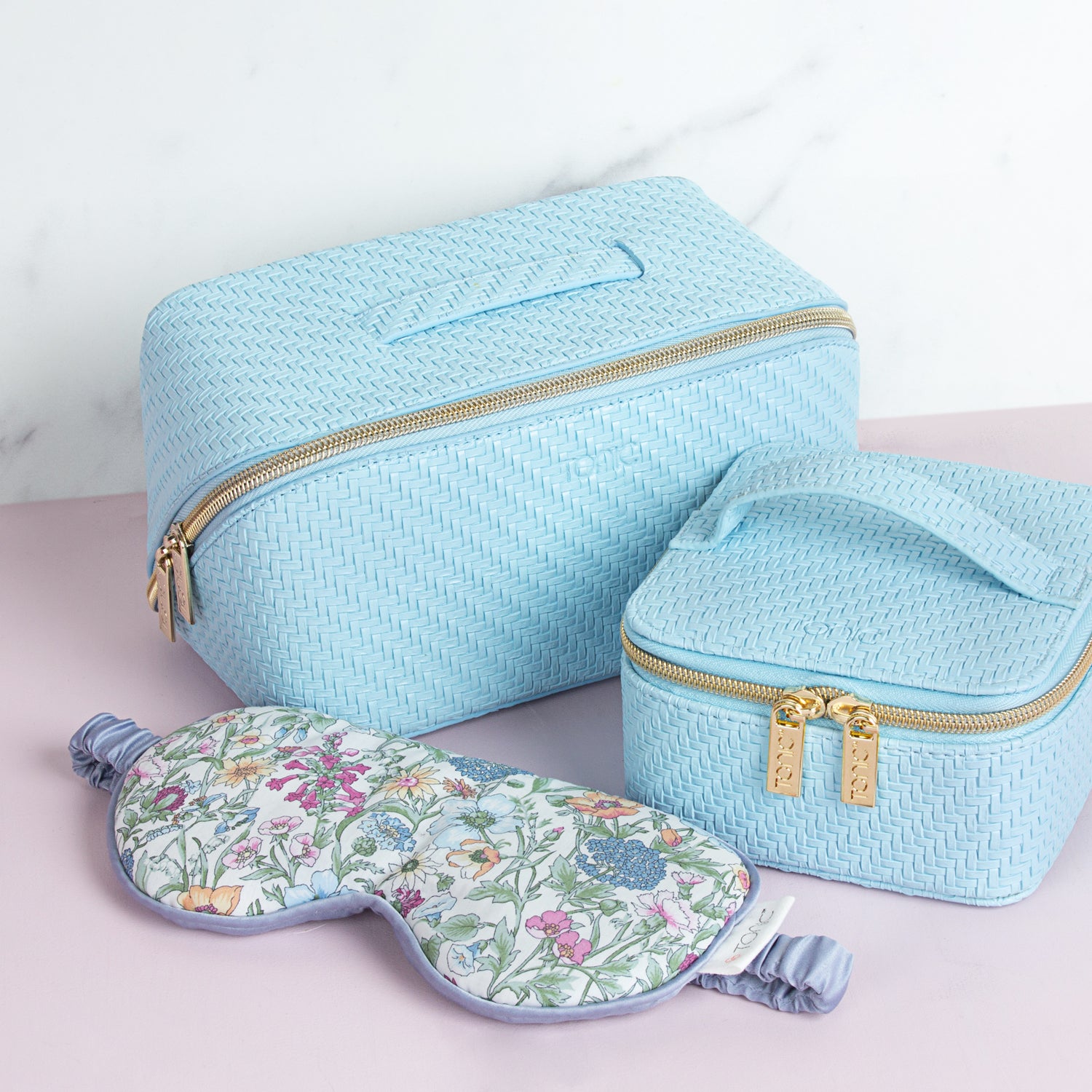 Medium Herringbone Bluebell Beauty Bag - Travel Makeup Organizer for Women, Perfect for Gym, Work & Weekend Getaways