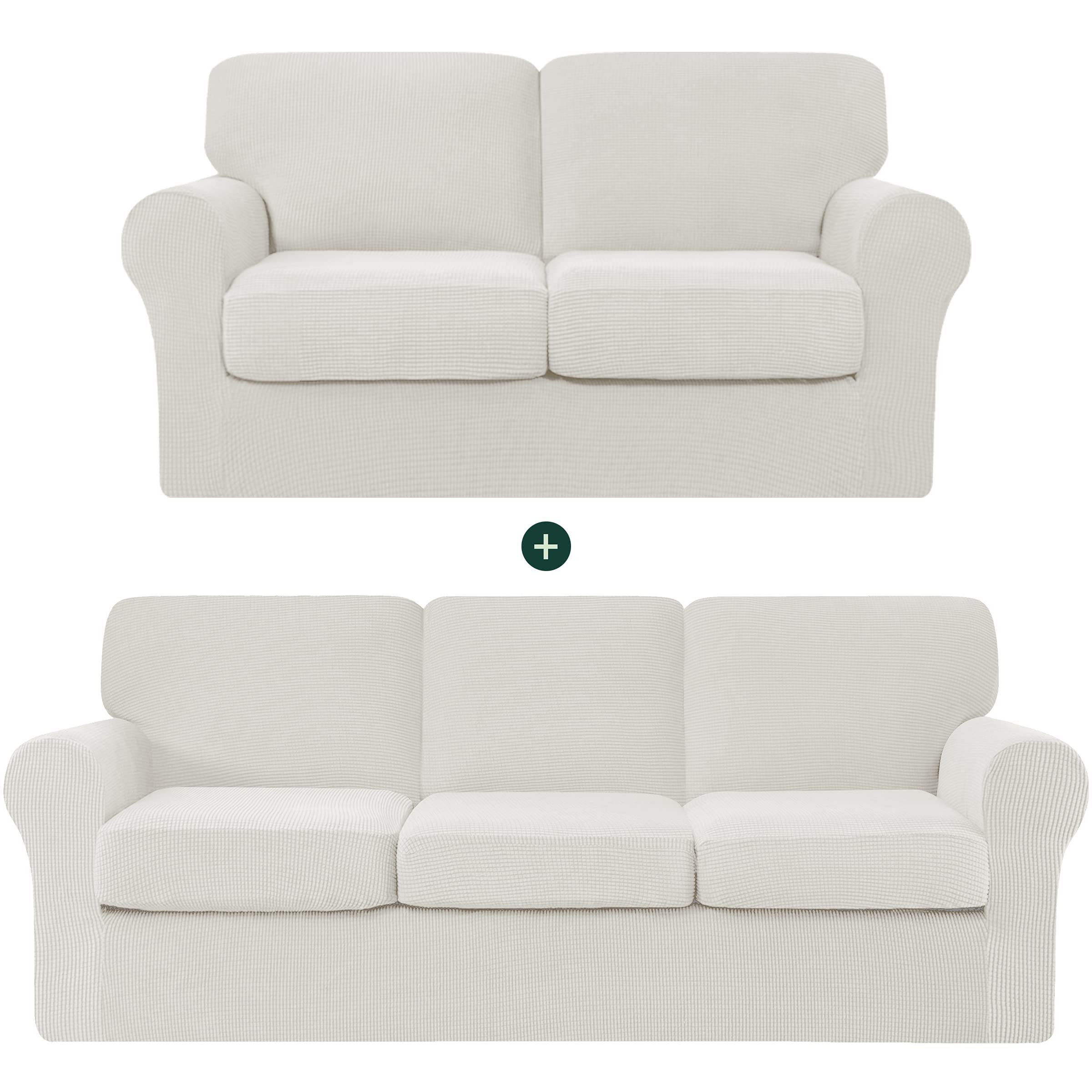 CHUN YI Loveseat Sofa Cover Set - Stretchable Jacquard Fabric Slipcover with Detachable Backrest & Cushion Covers, Checkered Pattern (Ivory White) - Perfect for Living Room, Bedroom, and Home Decor Protection