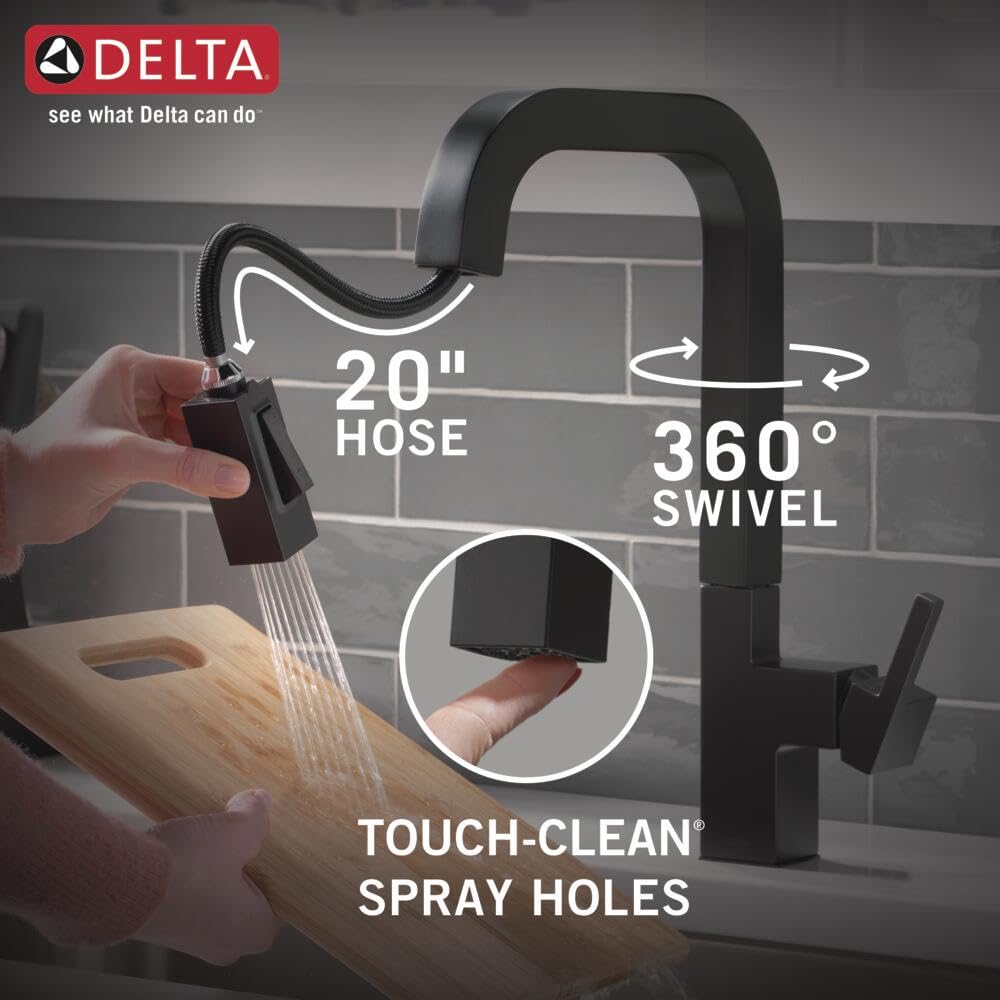 Delta Matte Black Single Hole Kitchen Faucet with Pull Down Sprayer - Modern 19825LF-BL for Kitchen Sink, Perfect for Cooking, Washing Dishes & Food Prep