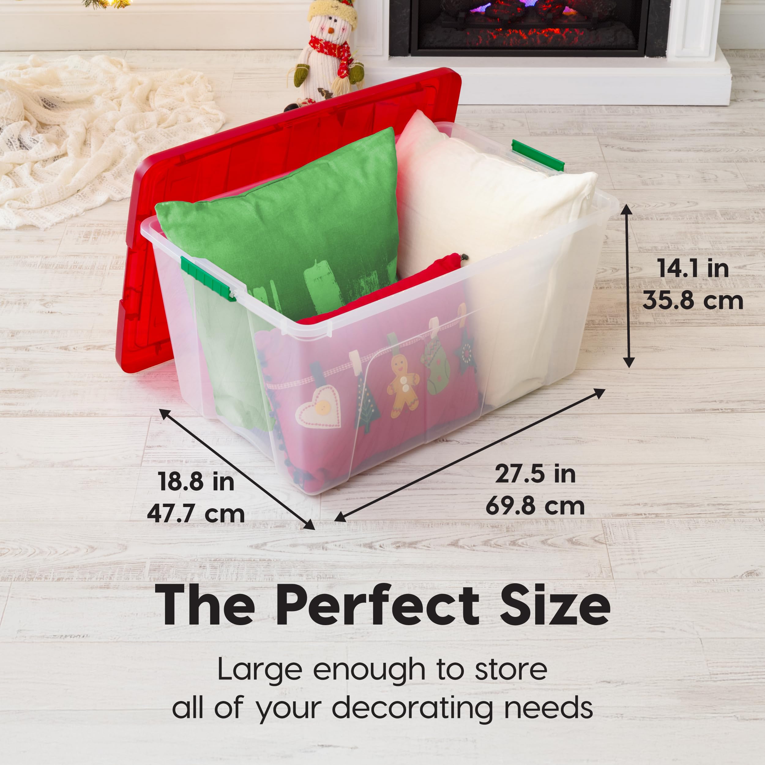 IRIS USA 94 Quart Stackable Plastic Storage Bins with Lids & Latching Buckles, 2-Pack - Clear/Red | Durable Holiday, Closet, Garage & Home Organization Containers | Perfect for Seasonal Decor, Toys & Household Storage
