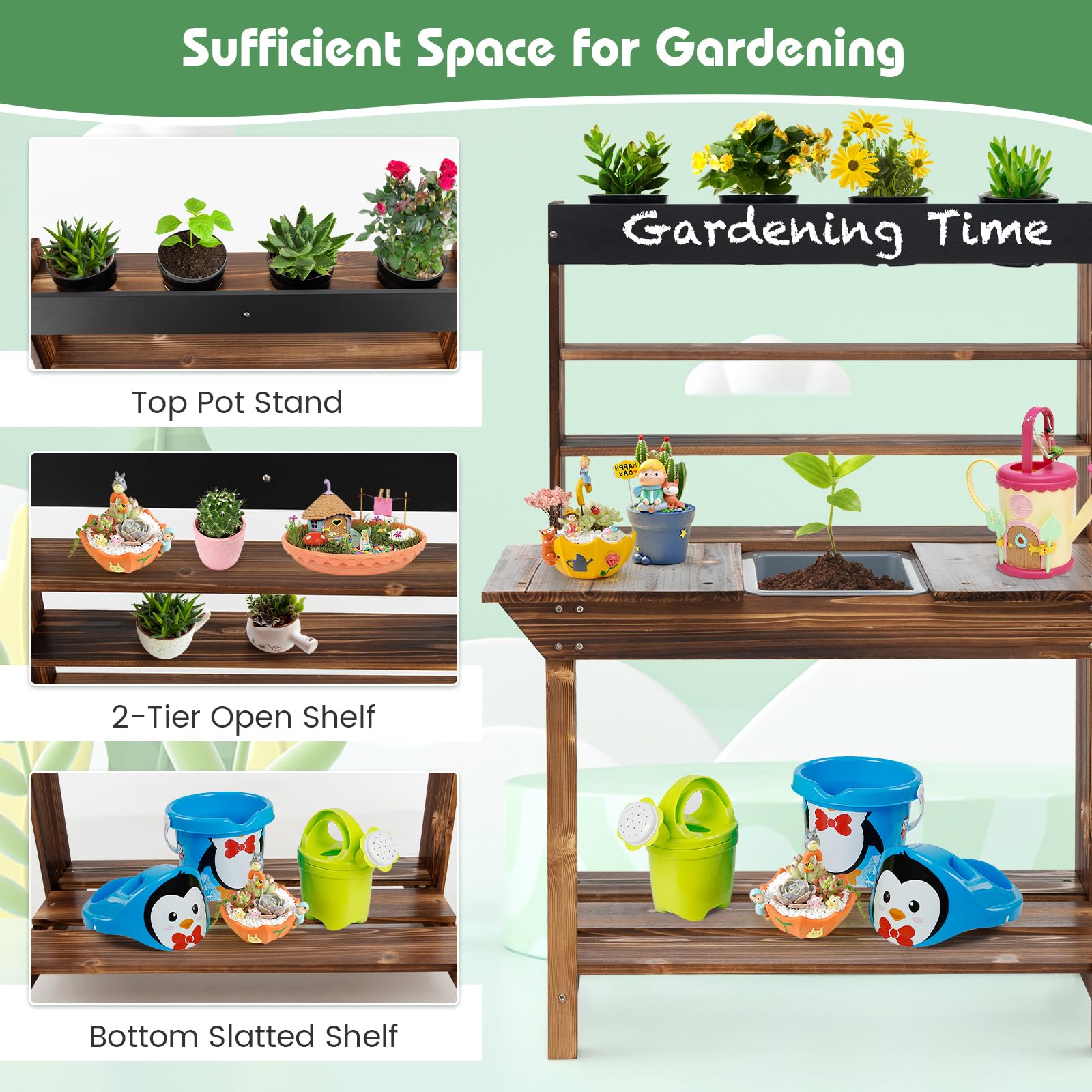HONEY JOY Kids Mud Kitchen - Natural Fir Wood Outdoor Play Table with Removable Sink, 4 Planting Pots & Chalkboard - Toddler Pretend Play Garden Set for Backyard, Patio & Preschool Activities