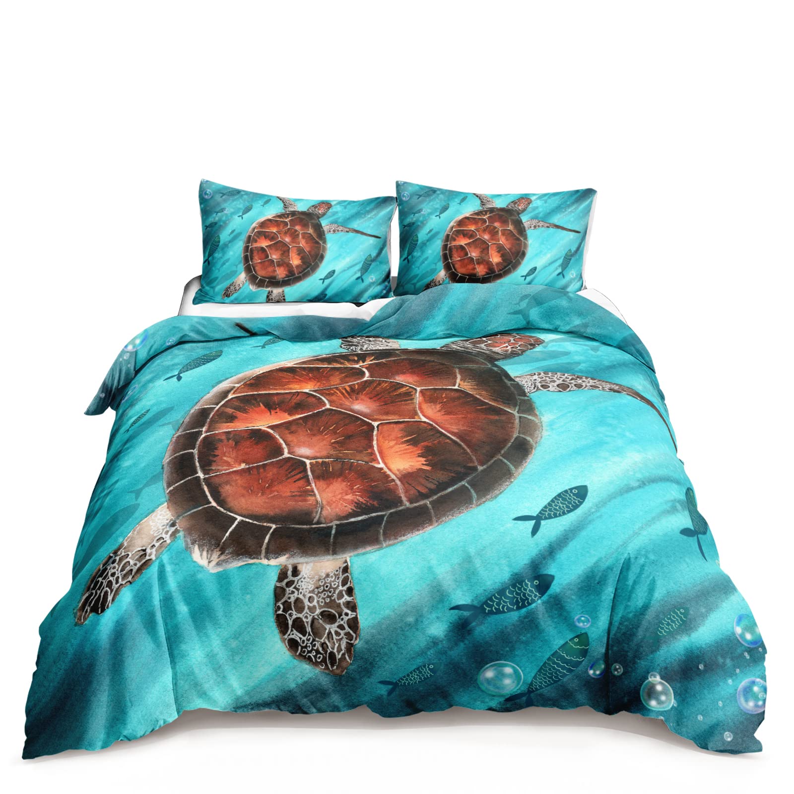 BSNTTH Kawaii Sea Turtle Duvet Cover Set - Ocean Themed Bedding with Teal Marine Design, Underwater Tropical Beach Comforter Set (Queen Size, 1 Duvet Cover + 2 Pillowcases, No Comforter Included) - Perfect for Kids' Rooms, Beach House Decor & Summer Themed Bedrooms