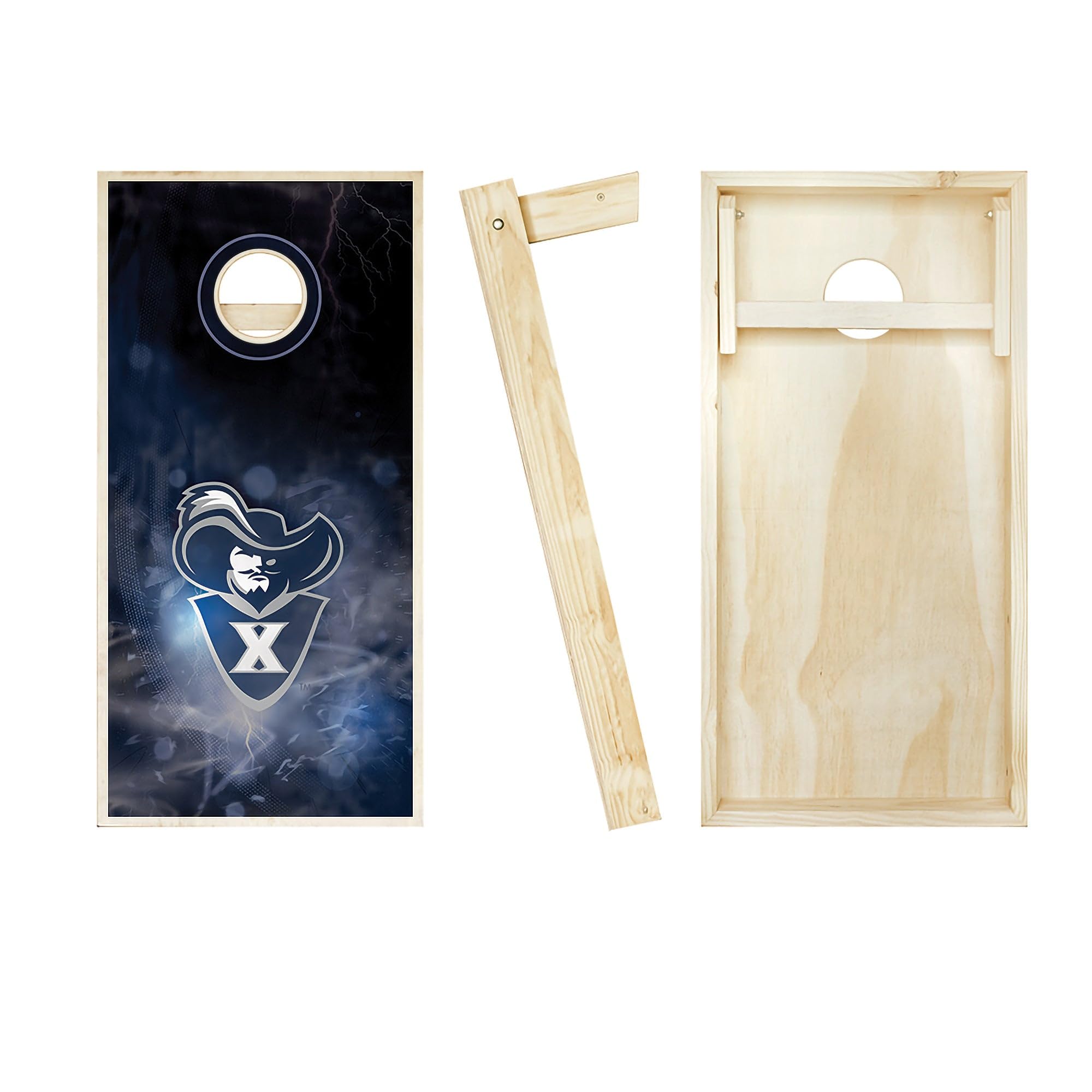 Premium Xavier Smoke Cornhole Boards Set - 2 Regulation-Sized Boards & 8 Custom Team Logo Bags for Outdoor Games, Tailgating, Backyard Parties and BBQ Events