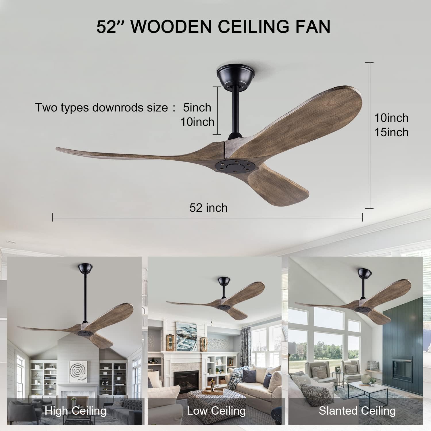 52 Inch BOJUE Ceiling Fan No Light - 3 Solid Wood Blades, Indoor/Outdoor Use - Black Ceiling Fan for Living Room, Bedroom, Patio, Porch (Gray Drawing Lines Blades) - Perfect for Home Cooling & Outdoor Spaces