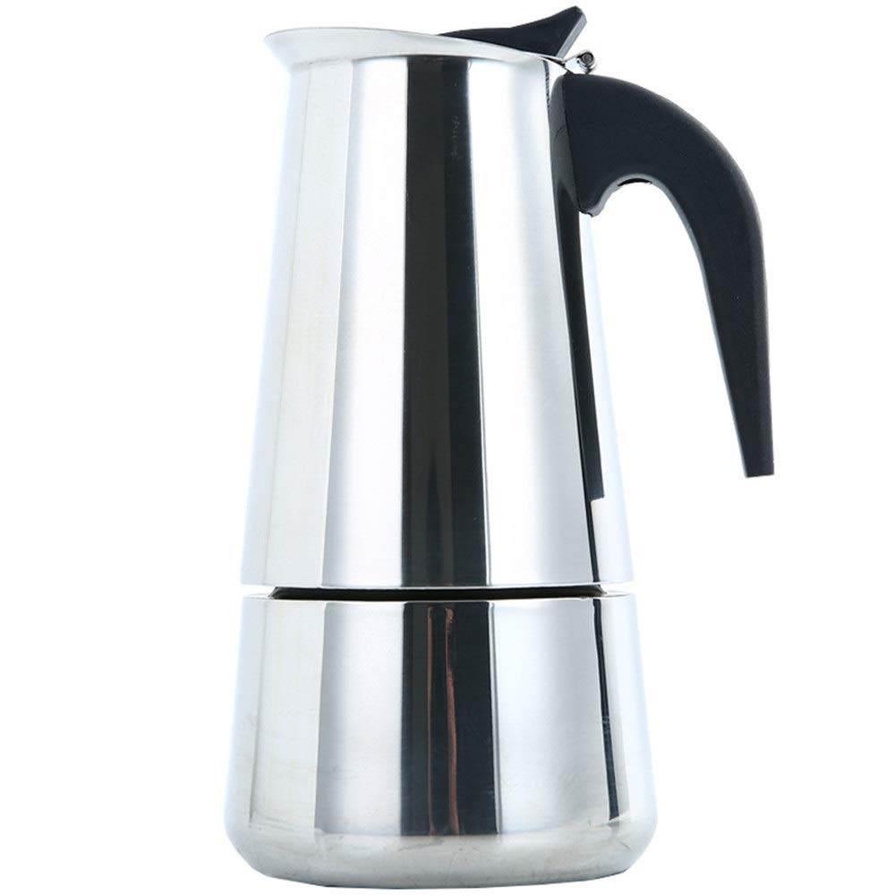 Premium Stainless Steel Espresso Coffee Maker - 4-Cup 200ML Moka Pot with Copper Safety Valve & Milk Frother | Ideal for Home, Office & Camping | Silver Color